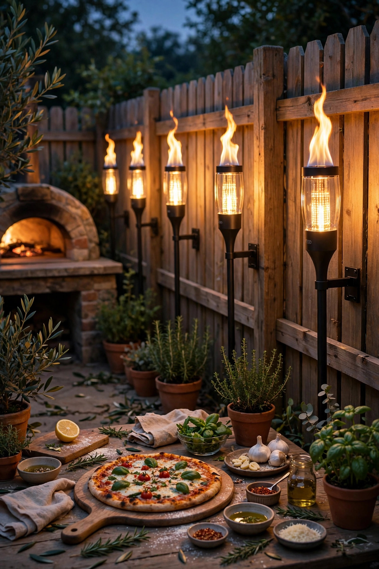Solar flame effect torches flickering warmly around the edge of an outdoor dining space