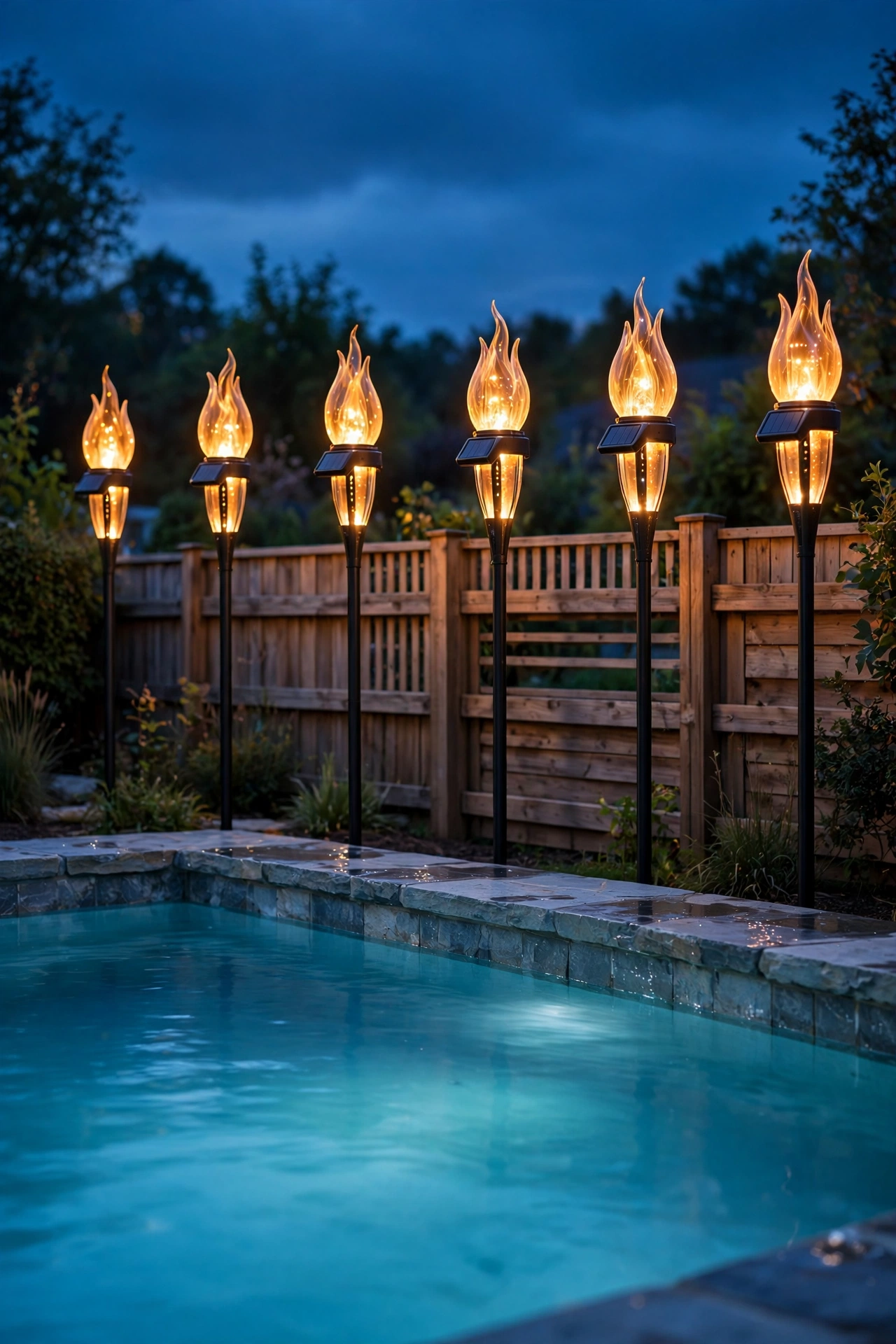 Flame-look LED torches glowing amber along a pool fence at dusk