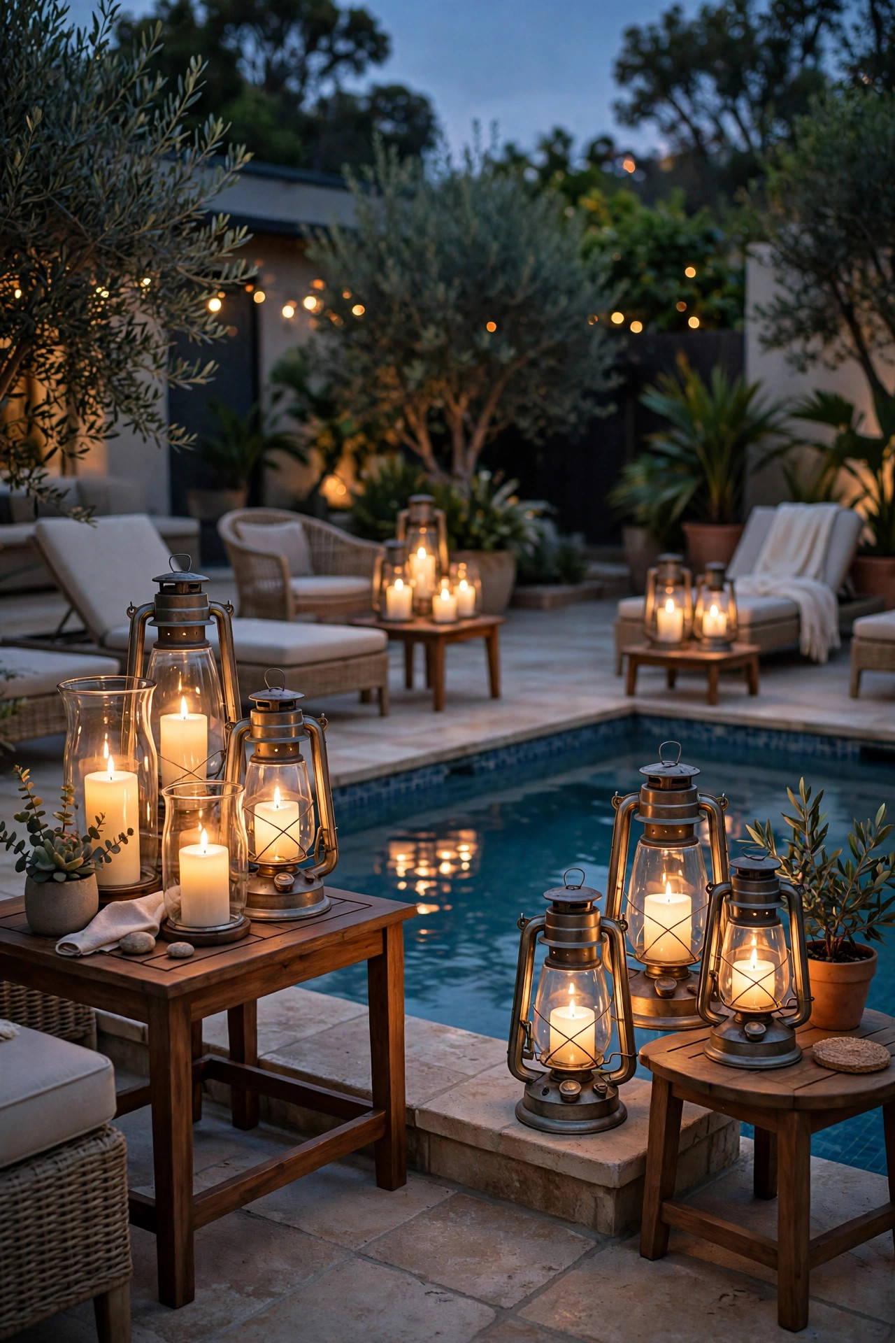 Flameless candles in hurricane lanterns clustered on side tables around a pool lounge at dusk