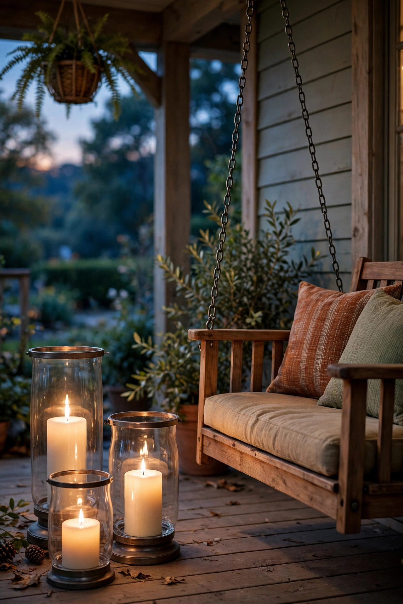 Flameless candles flickering inside glass hurricane holders beside a porch swing
