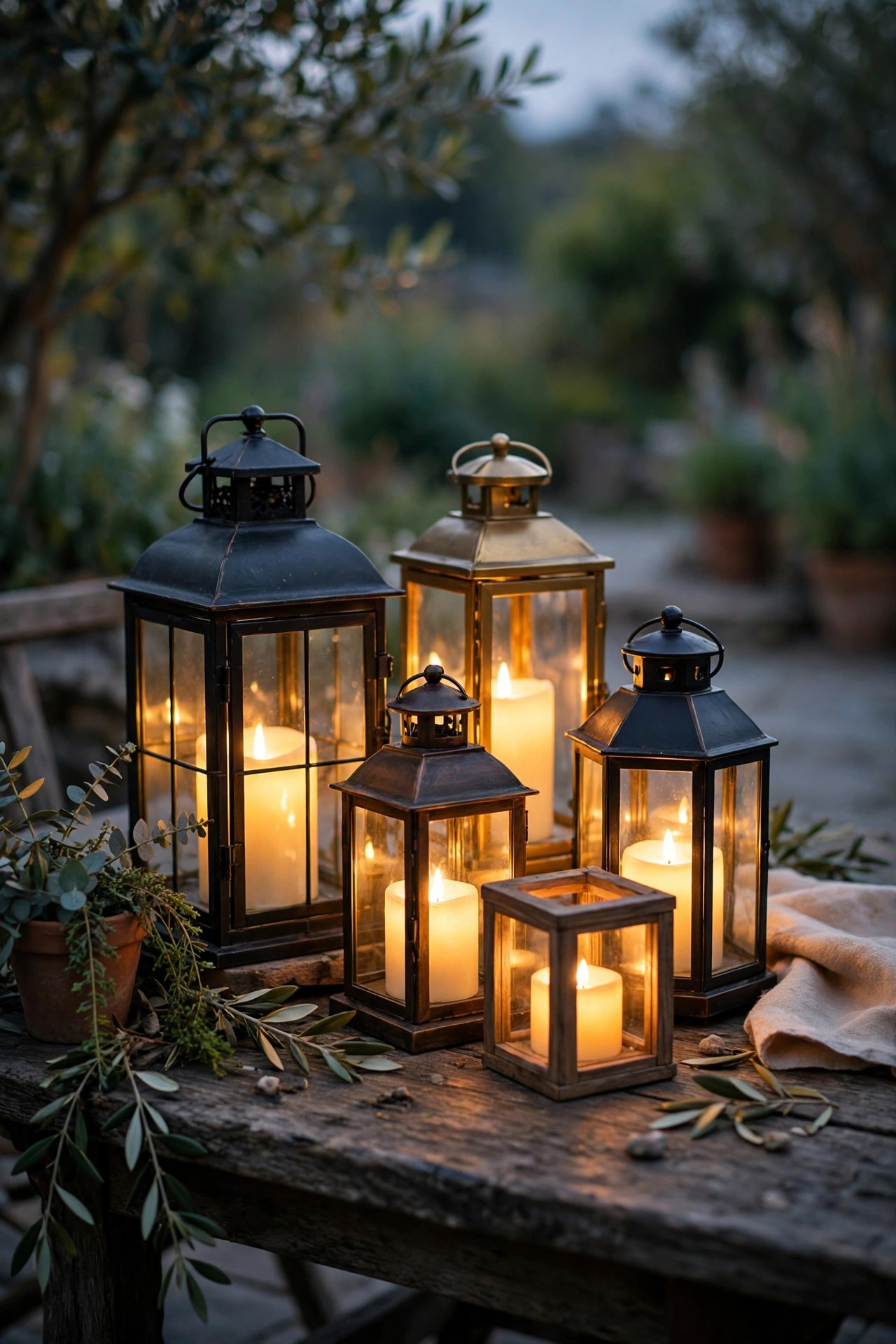 Flameless candle lanterns with warm flickering glow grouped on a patio table at dusk