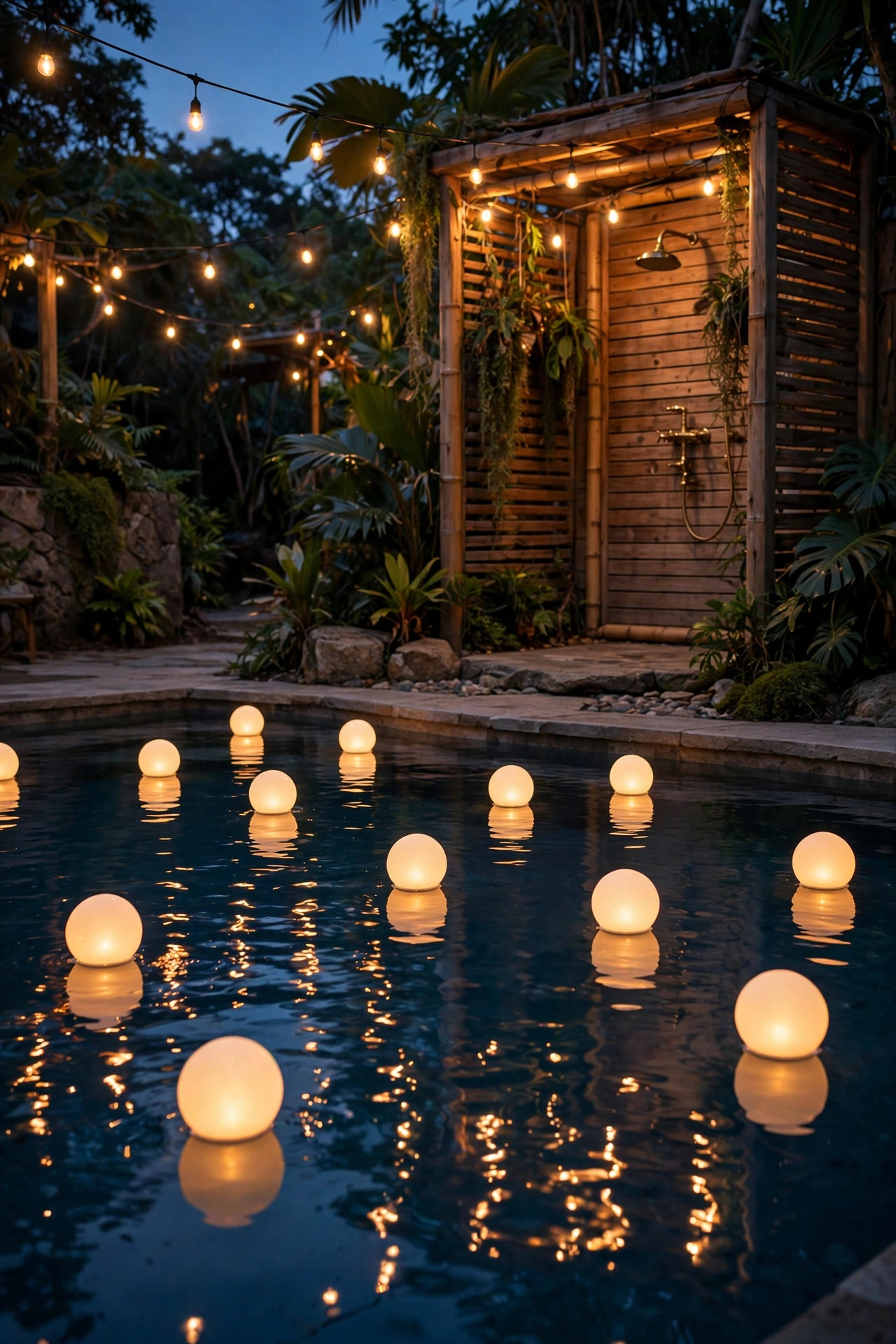 Warm LED orbs floating on a pool at dusk reflecting string lights at an outdoor shower