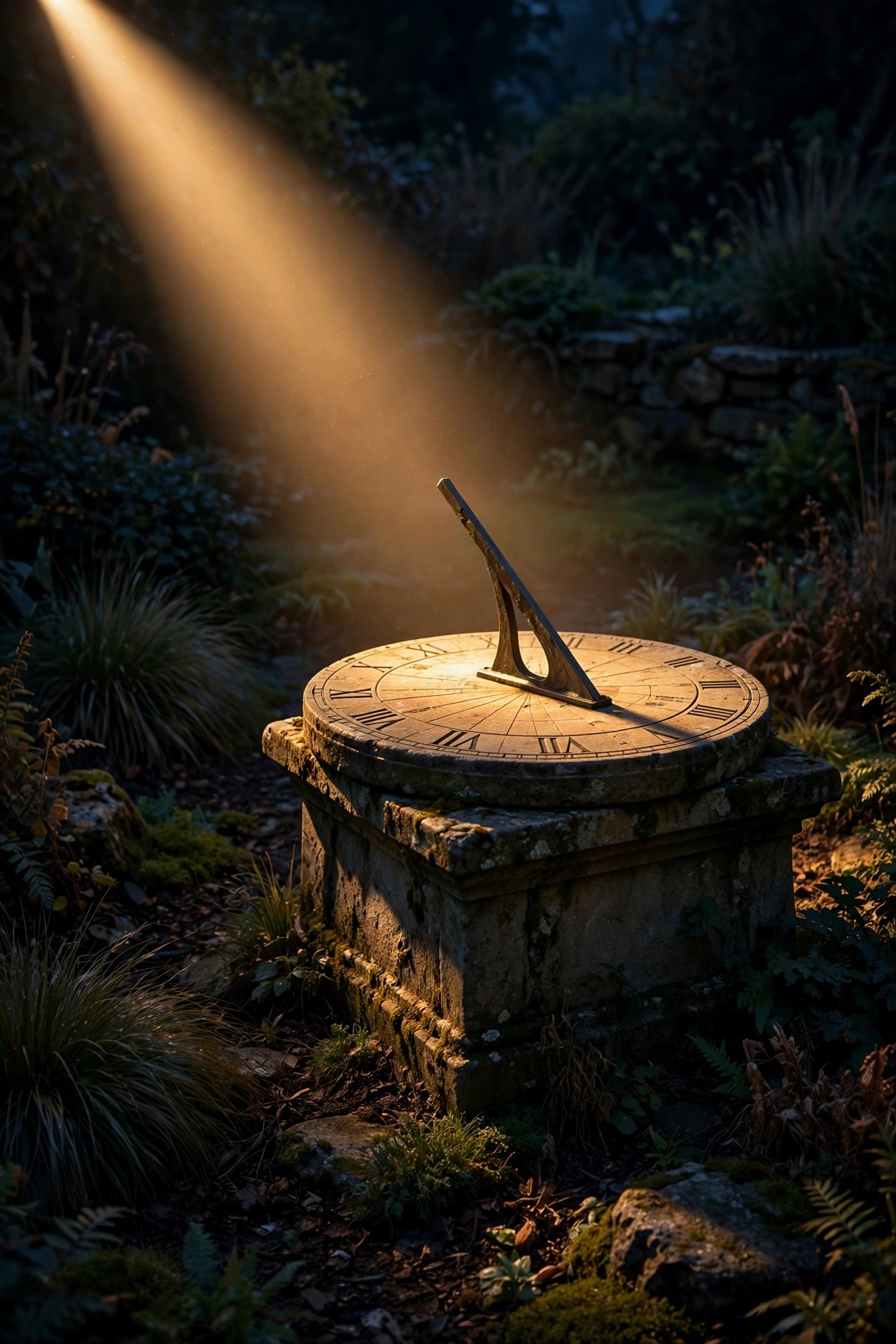 Narrow beam spotlight grazing a stone garden sundial at night with dark plantings around it