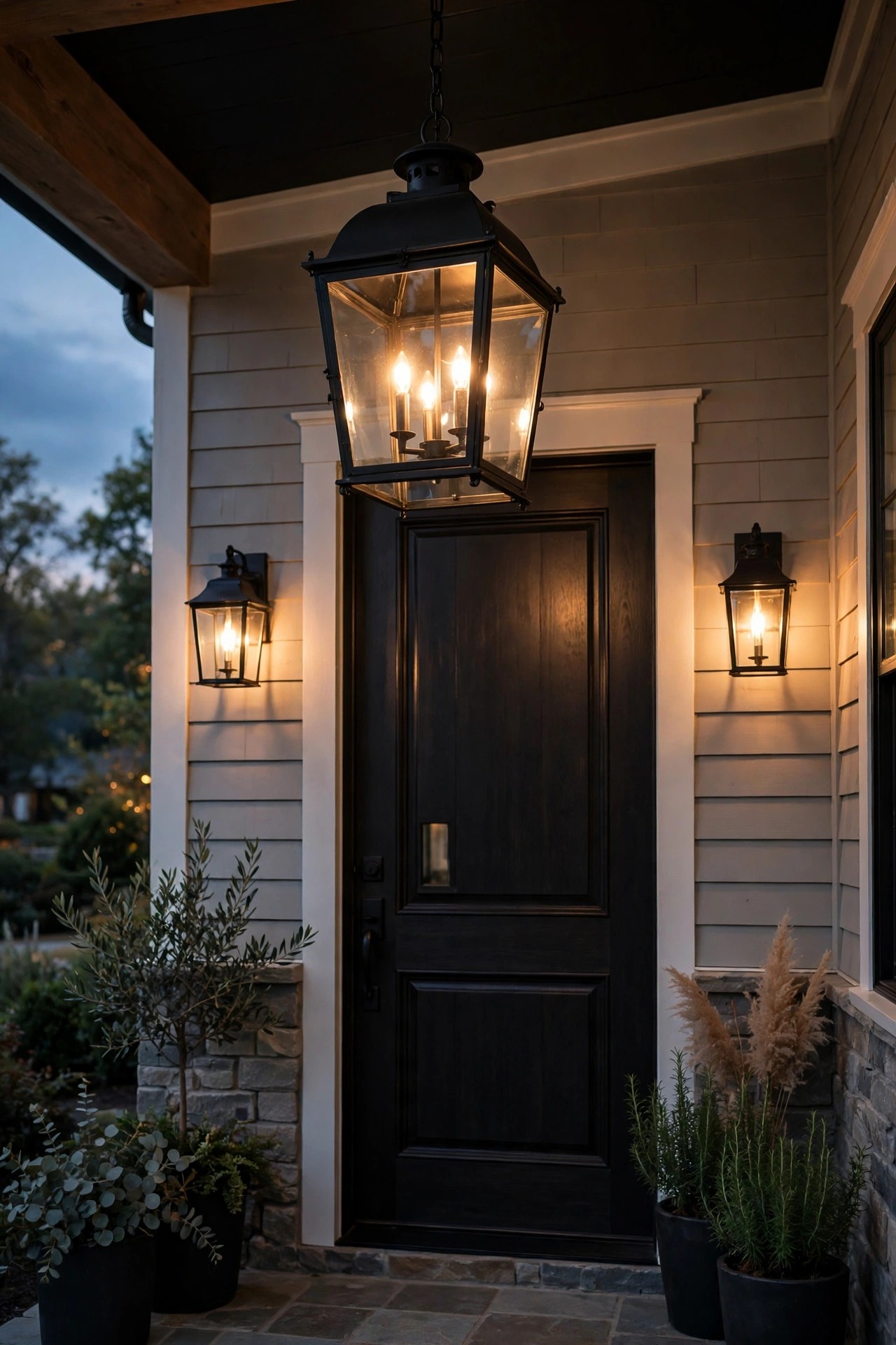 Statement farmhouse front door with an oversized black lantern pendant and matching sconces glowing warmly