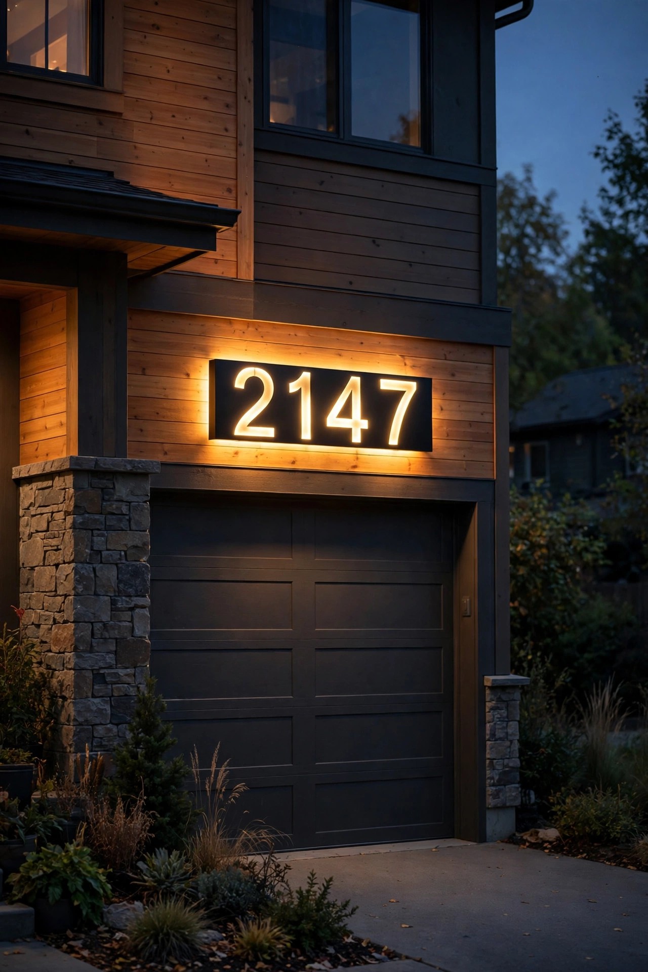 Backlit house numbers mounted above a garage door glowing warmly in the evening
