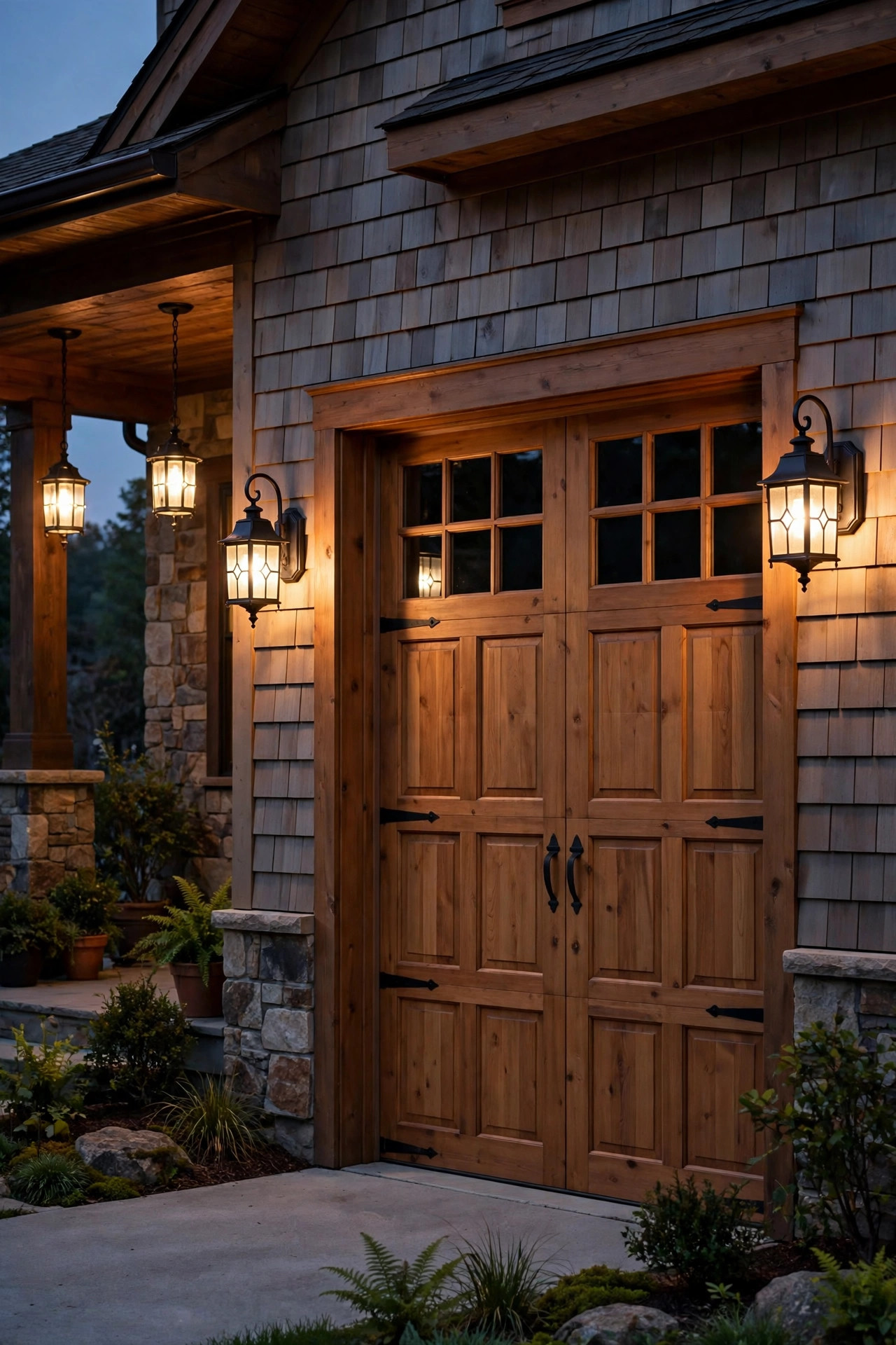 Craftsman sconces flanking a wooden garage door at dusk, matching the front porch fixtures, warm even glow