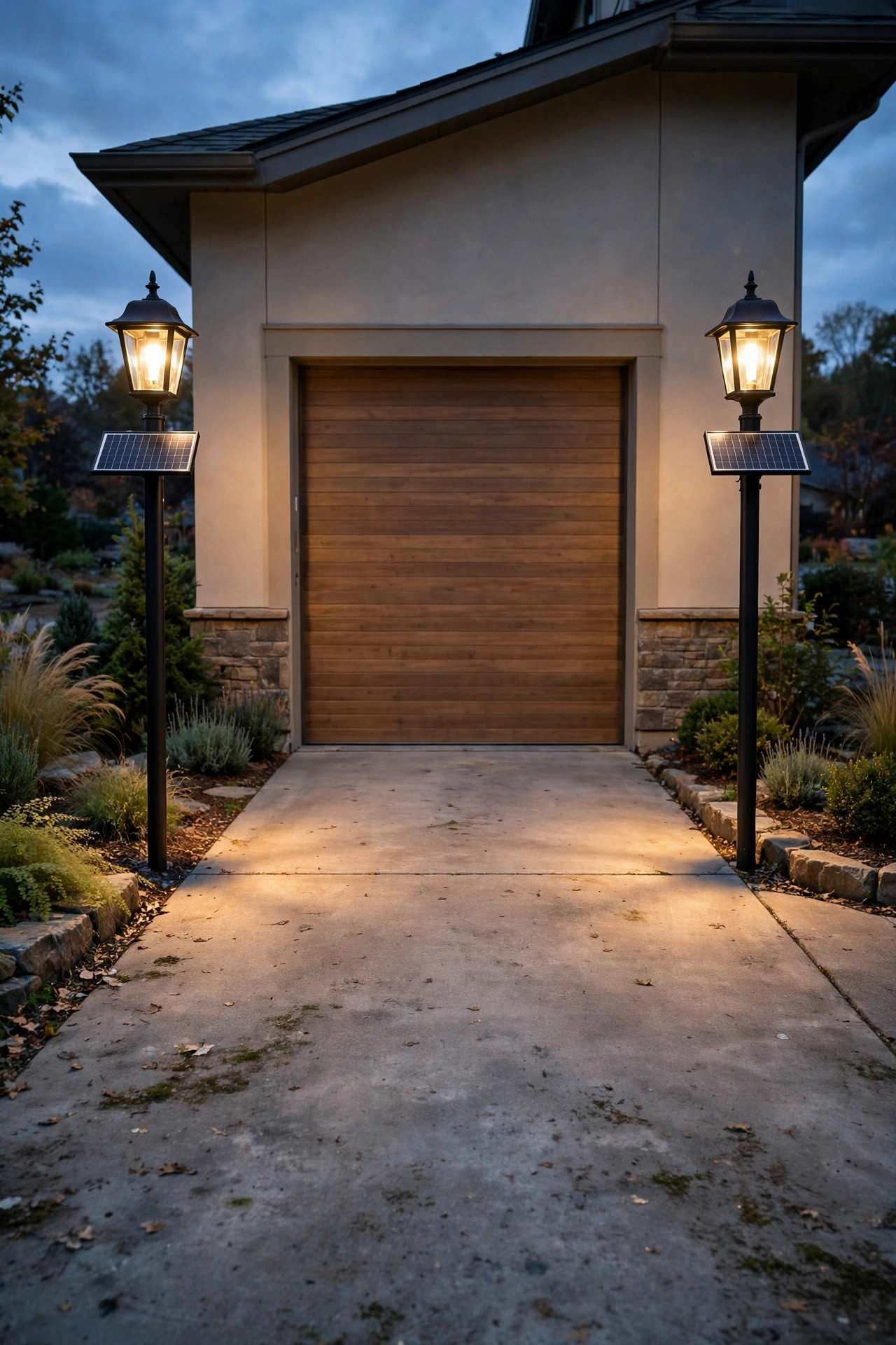 Twin solar lamp posts flanking a garage door, casting warm symmetrical light over the parking apron at dusk