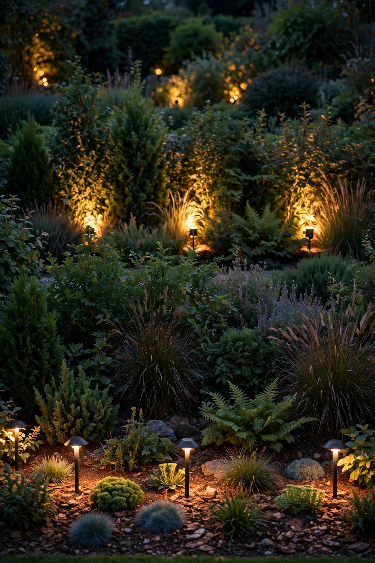 Deep garden bed lit in two rows, low front fixtures and spotlights glowing behind tall shrubs