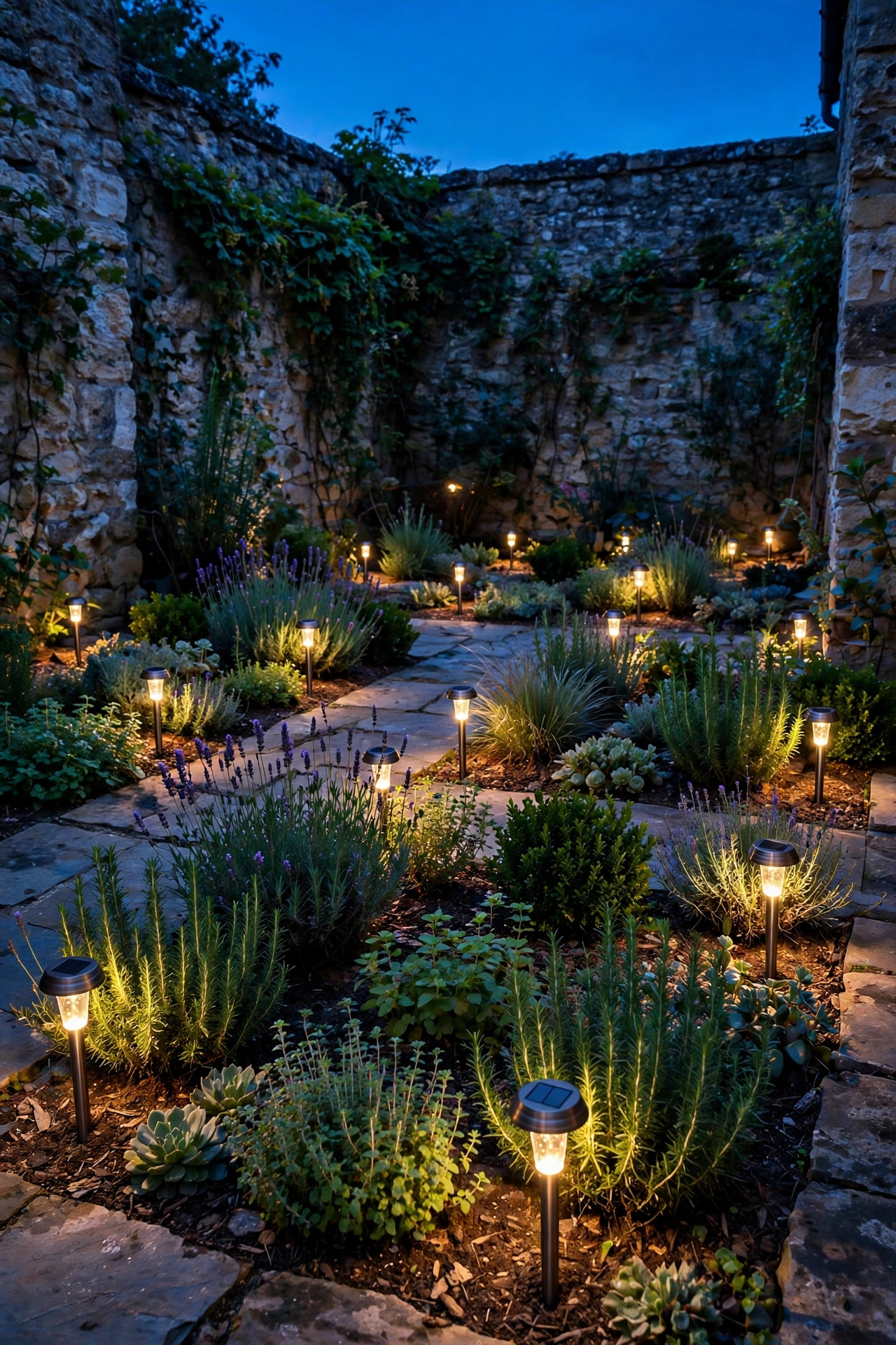 Short solar stake lights dotted through courtyard garden beds at dusk, softly outlining the plantings