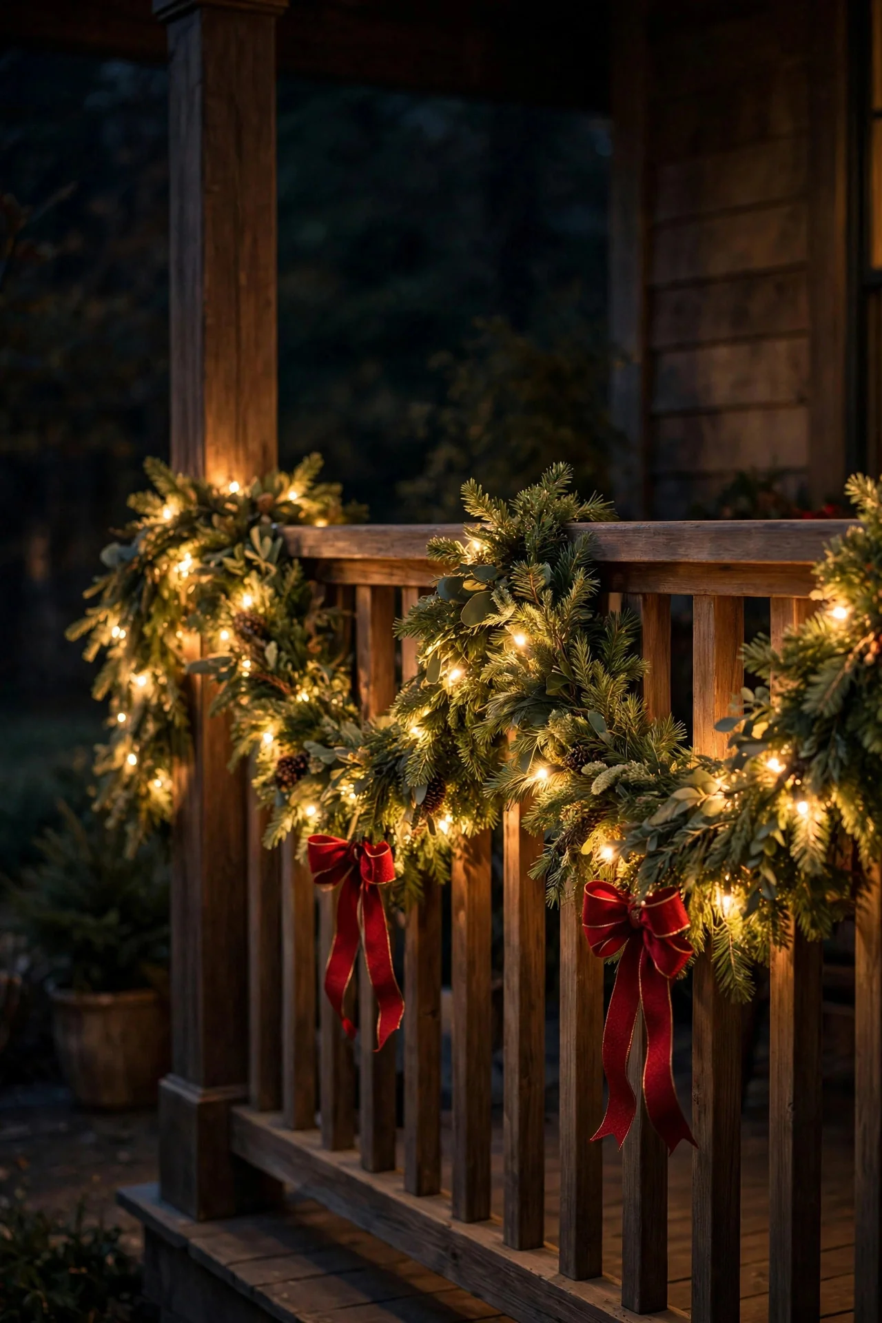 Pre-lit Christmas garland swagged along a porch railing with red bows at night