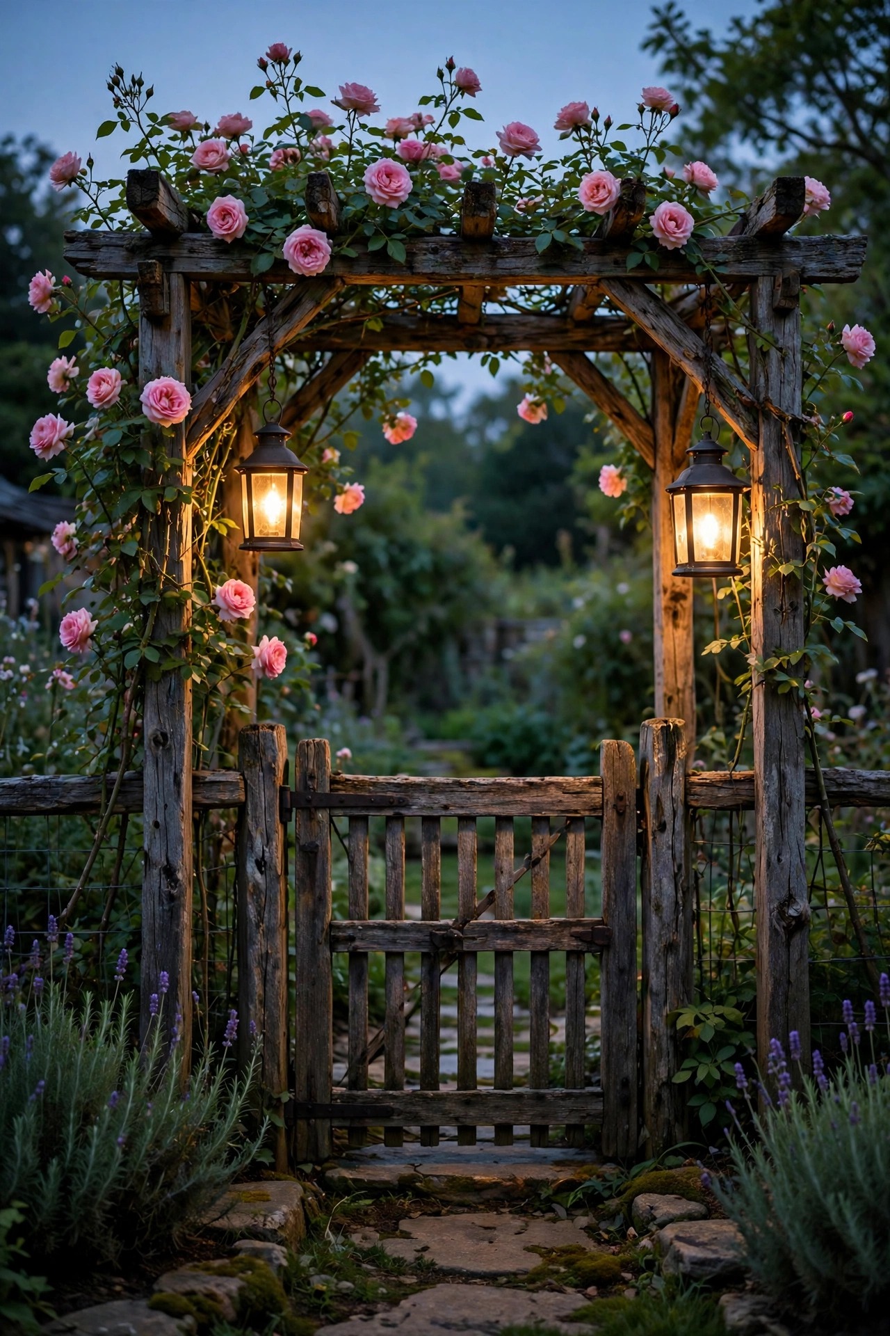 Rustic garden gate and arbor with a pair of warm lanterns and climbing roses at dusk