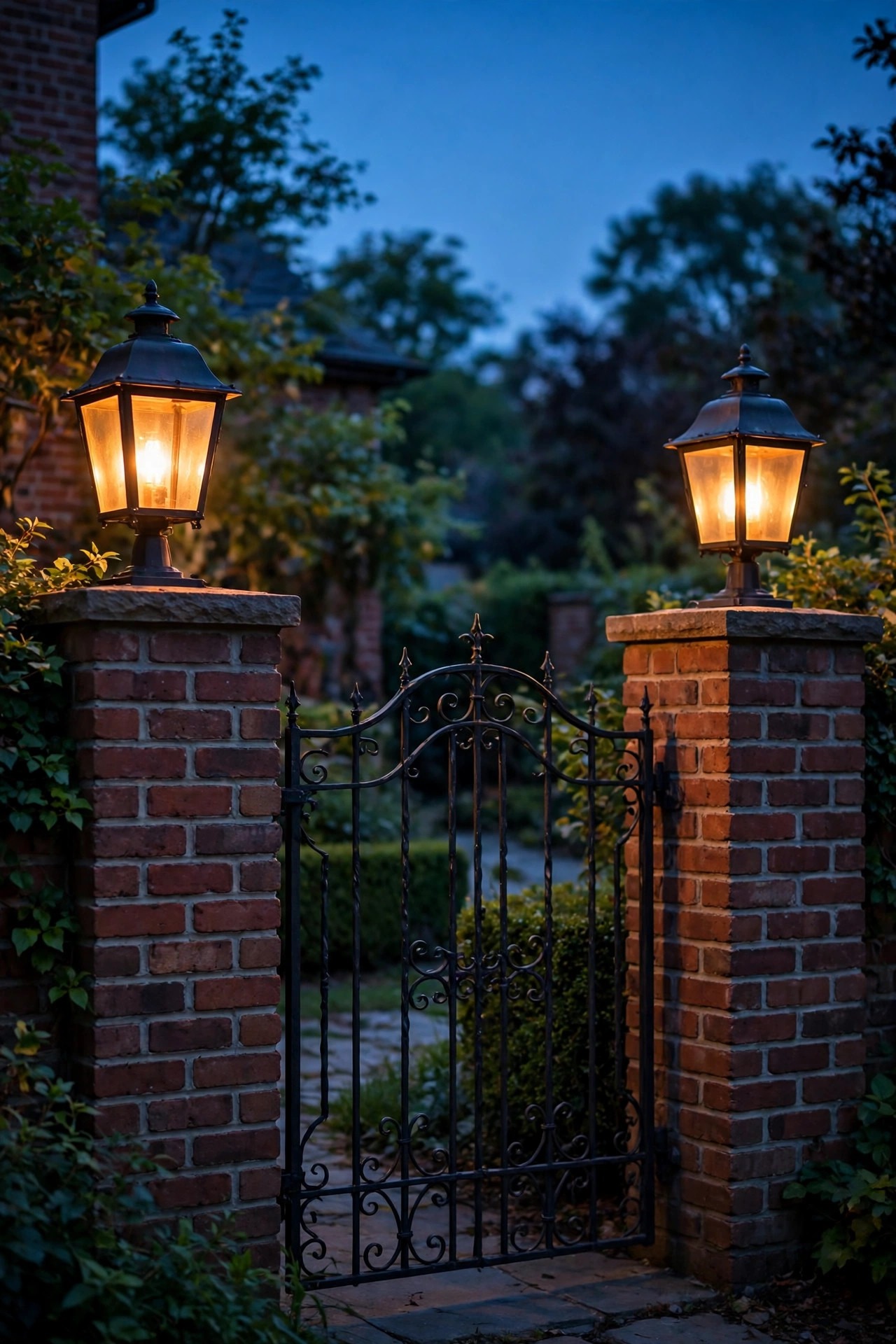 Matched lantern pair glowing on brick fence piers at a traditional front yard gate at dusk