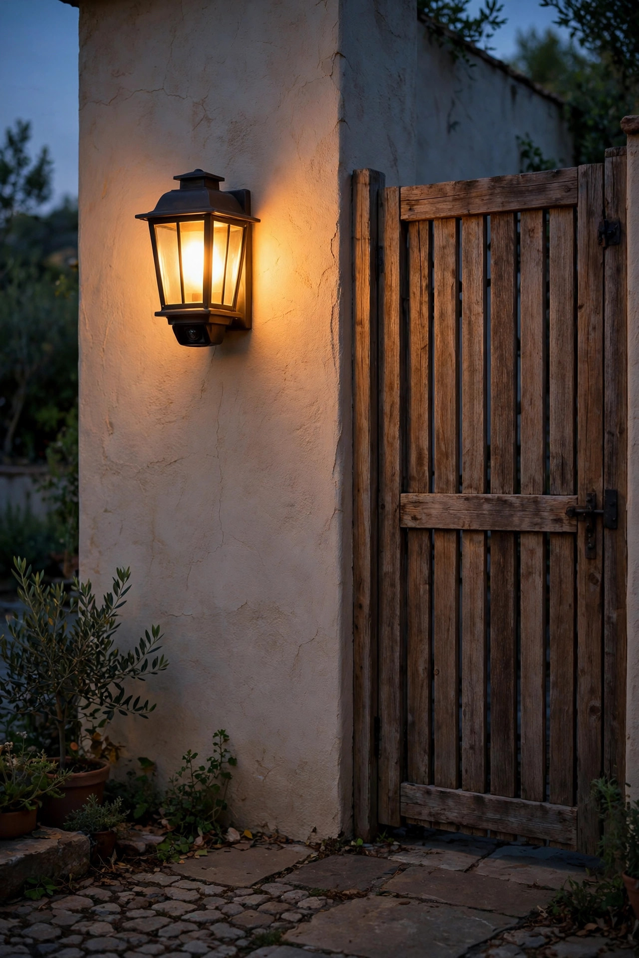 Lantern style motion sensor light beside a wooden courtyard gate glowing warmly against a stucco wall at dusk
