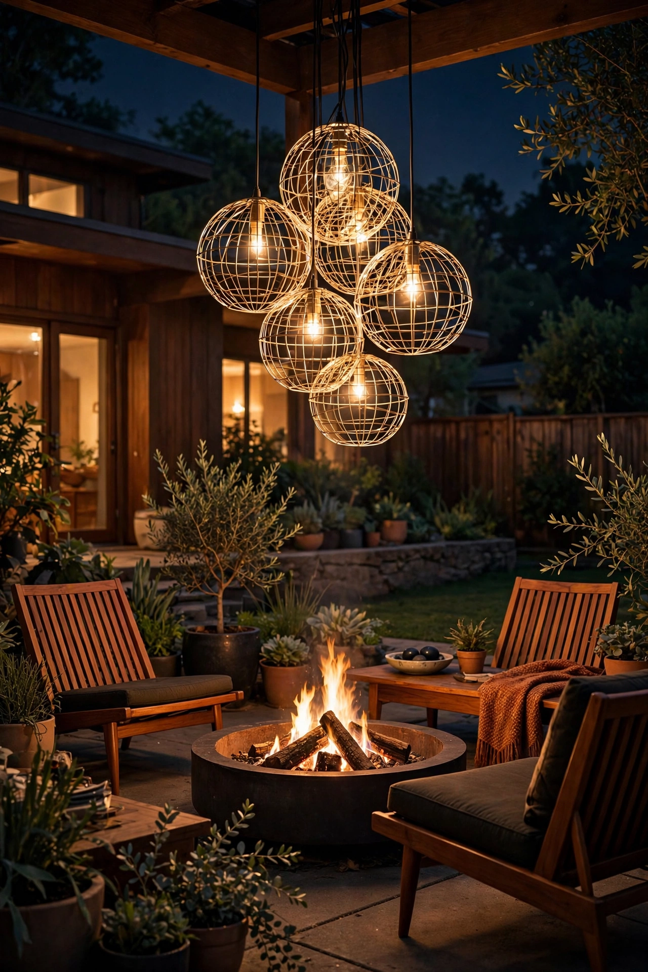 Cluster of wire-frame globe pendants glowing above a fire pit seating area in a mid century modern backyard