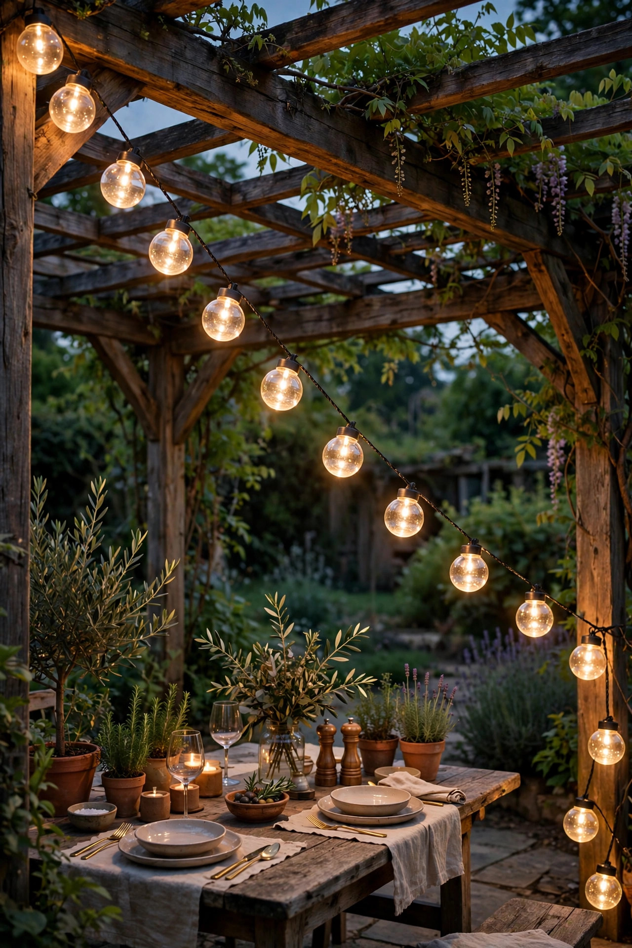 Solar globe lantern string lights hanging corner to corner over a pergola dining area