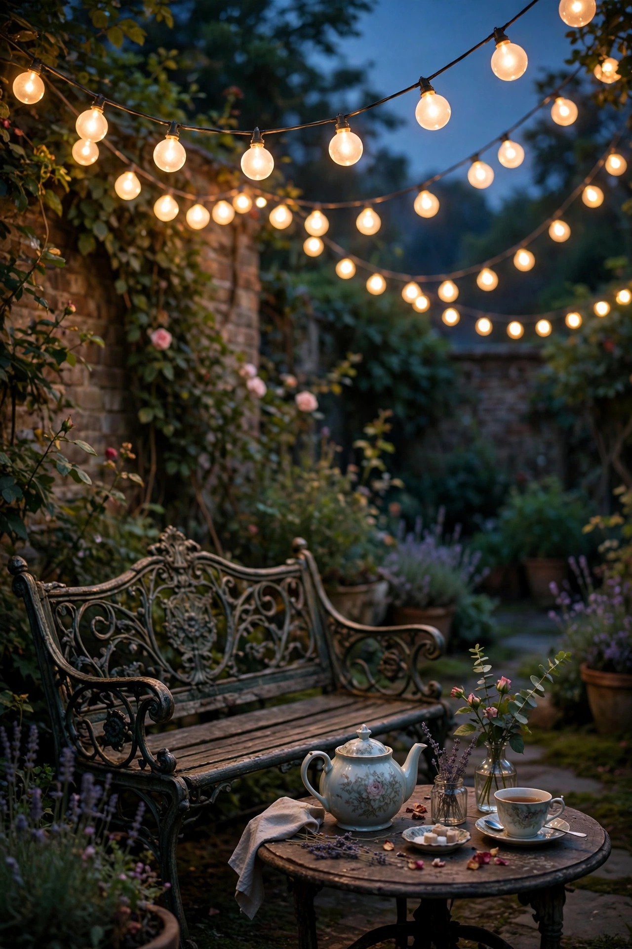 Opal globe string lights swagged in soft curves over a Victorian garden bench and tea table at dusk