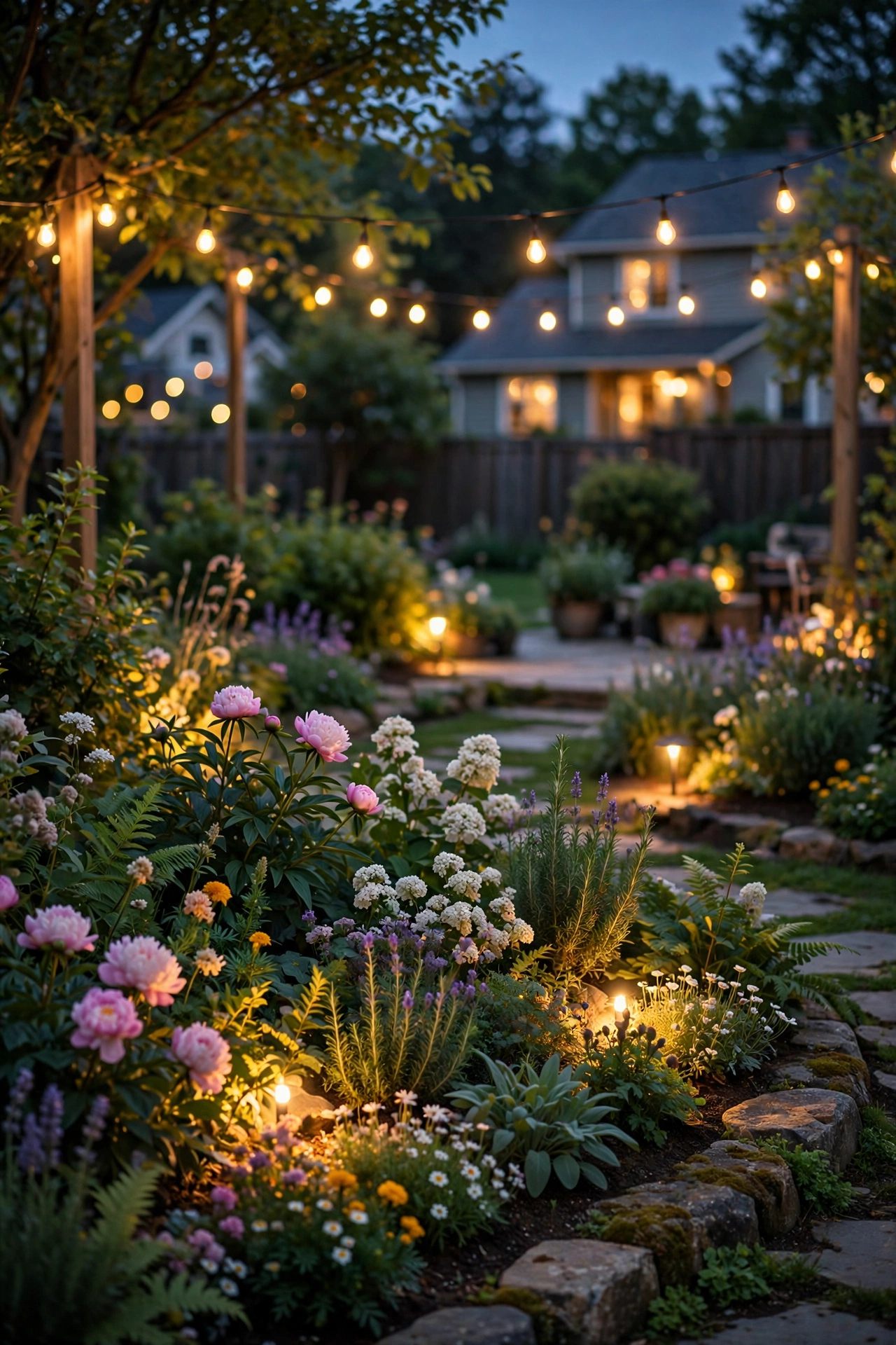Glow-in-the-dark pebbles and stakes glowing in garden beds at a nighttime party
