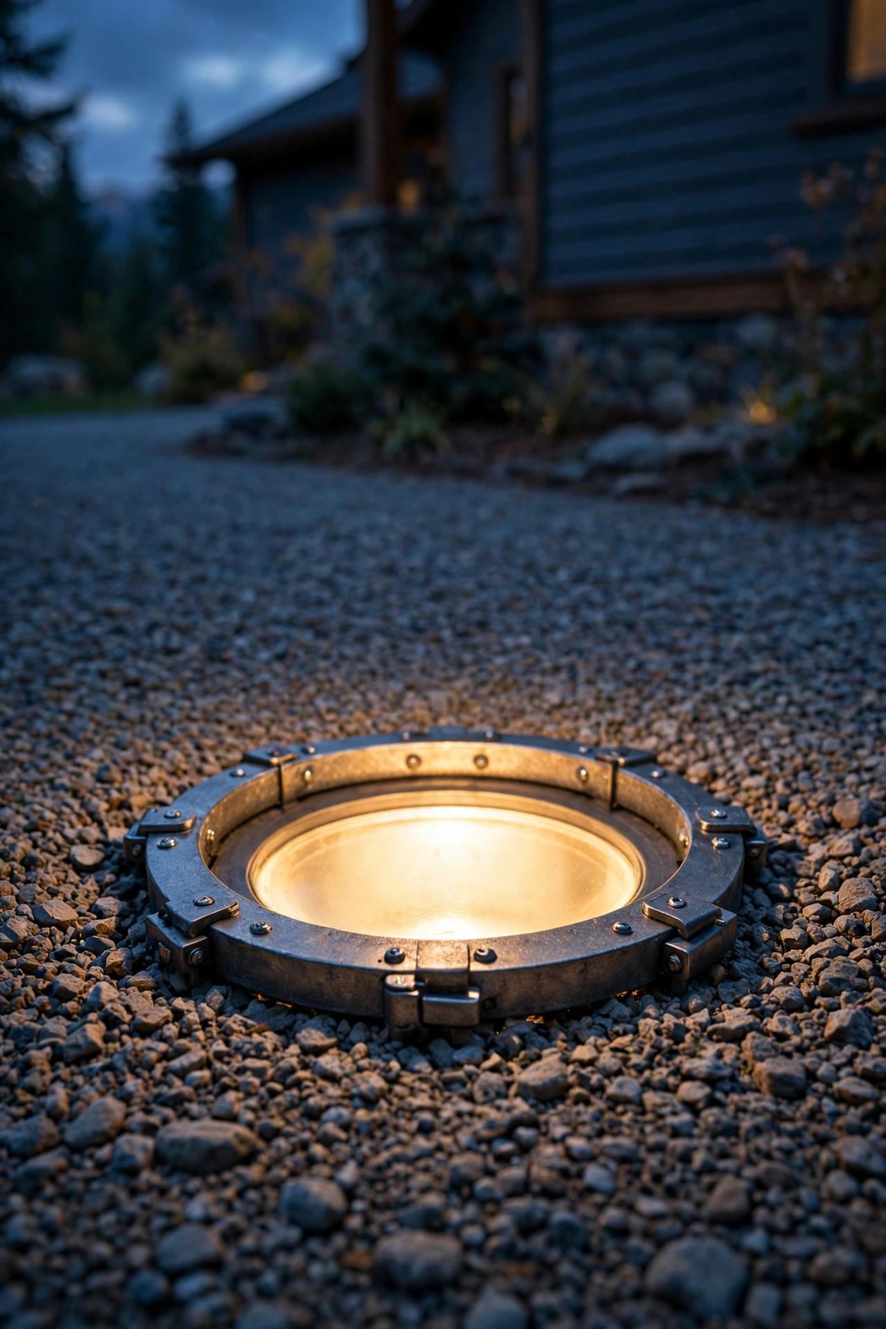 In-ground well light with a locking gravel guard ring keeping stones clear of its glowing lens in a gravel driveway