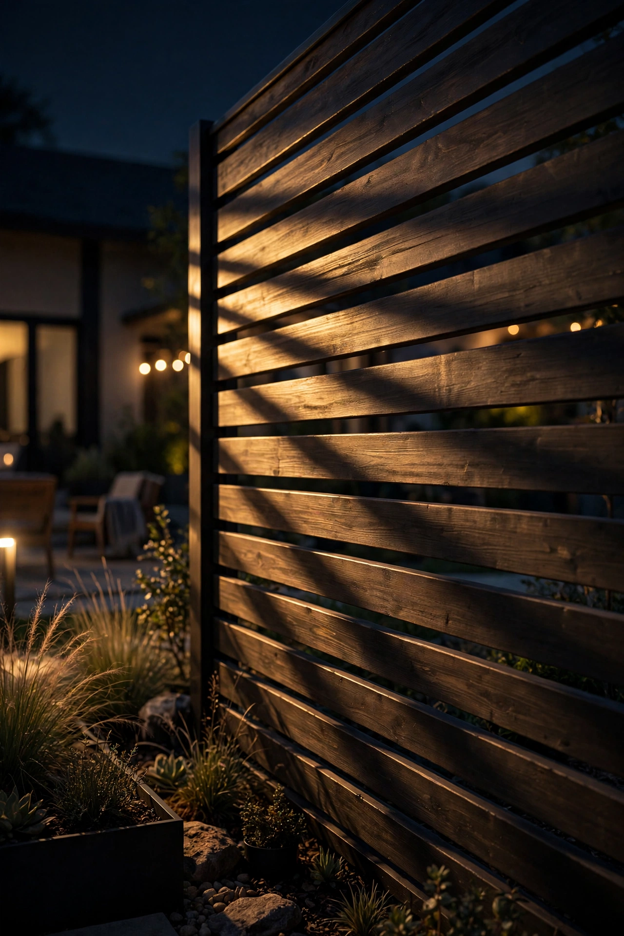 Grazing light raking across horizontal slats of a modern fence at night