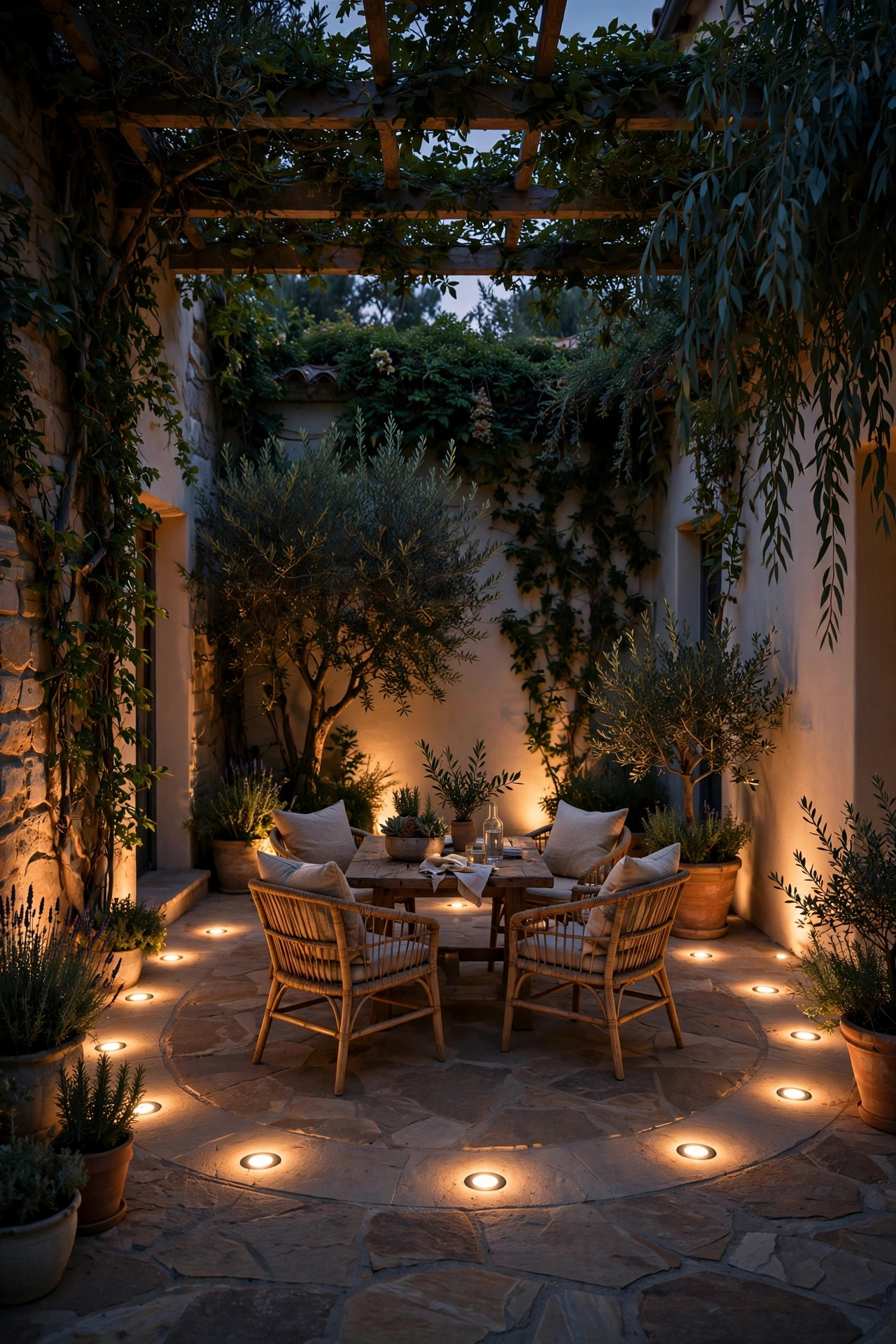 Flush ground well lights ringing a shaded courtyard seating area with soft upward light