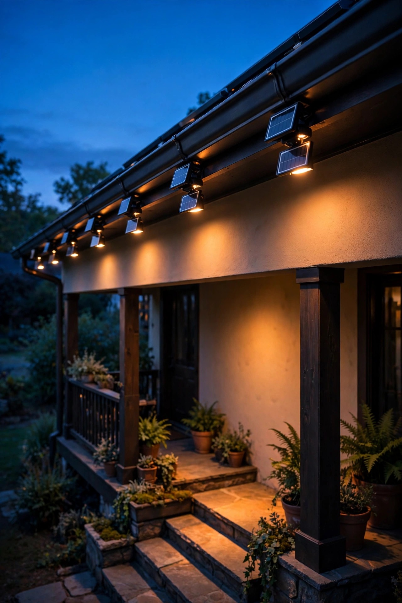 Solar gutter lights clipped along the fascia above a porch washing soft warm light down the wall and steps at dusk, panels open to the sky