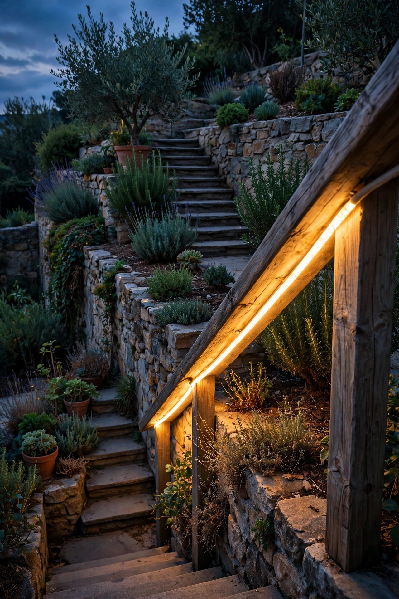 Warm rope light glowing beneath a wooden handrail along stairs between terraced garden levels at night