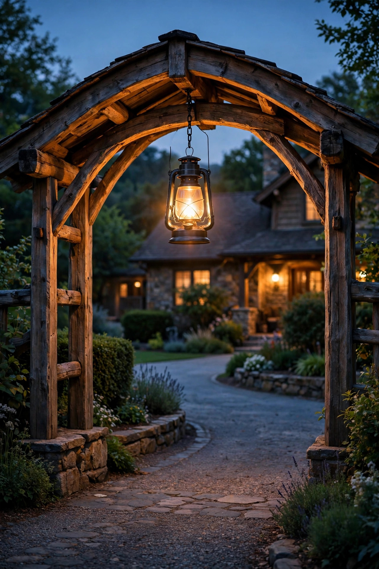 Hanging lantern glowing from a wooden arch over a driveway entrance at twilight