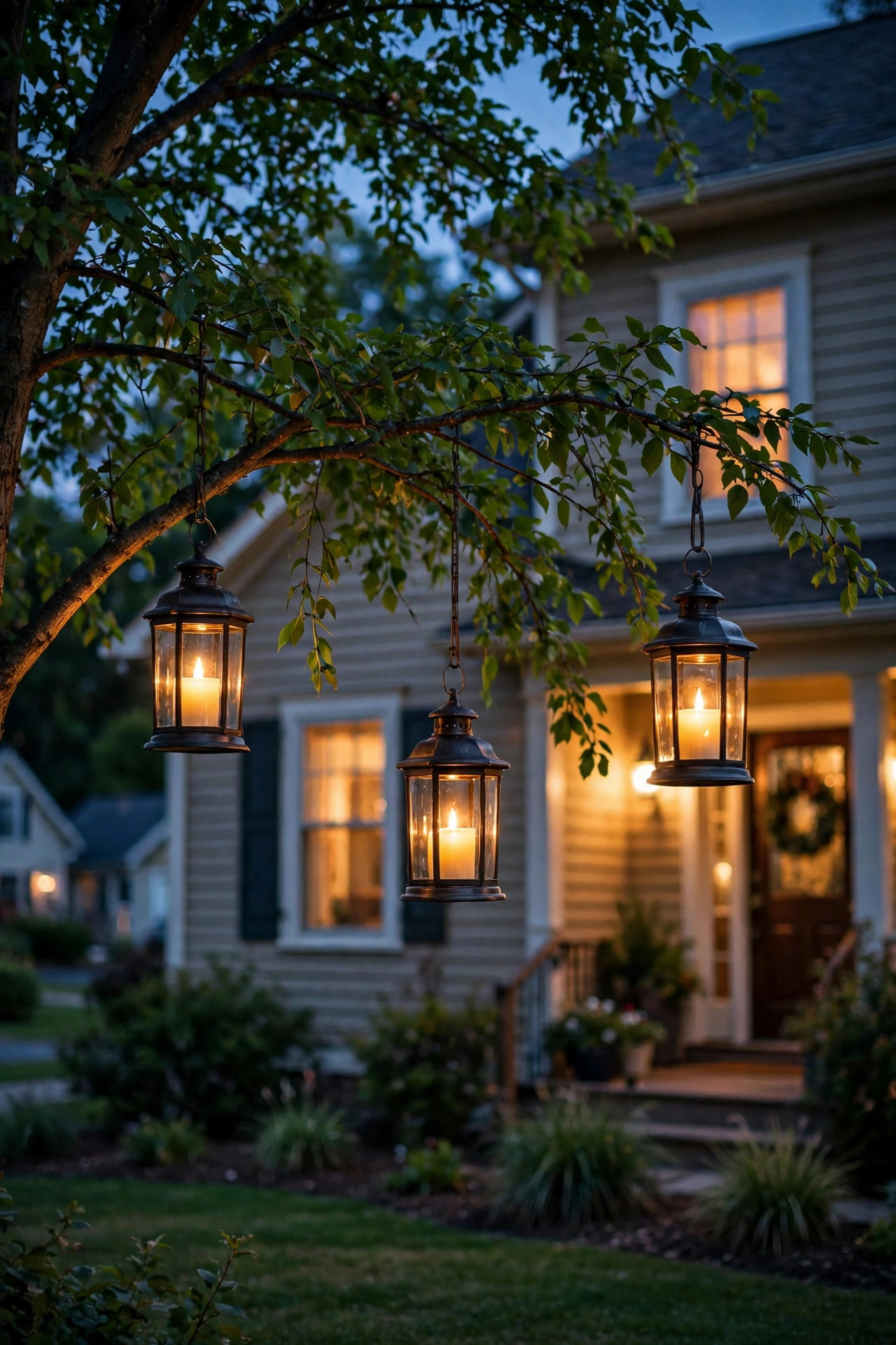 Three outdoor lanterns with warm LED candles hanging from the low branches of a front yard tree
