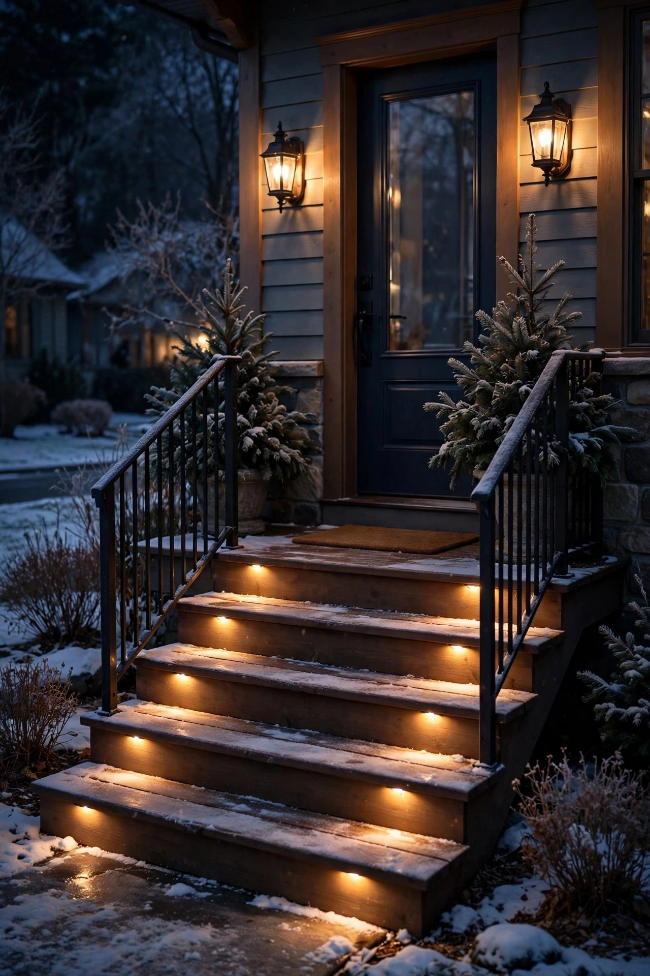 Warm sconces and low LED step lights illuminating front porch stairs on a winter night