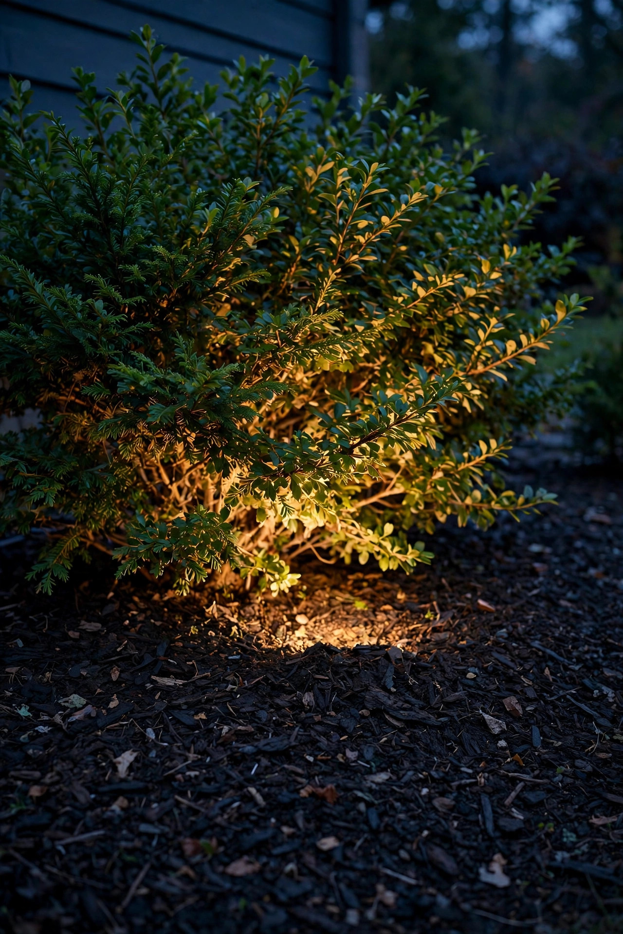Low-profile uplight nestled invisibly in dark mulch casting a source-free warm glow up into a foundation shrub