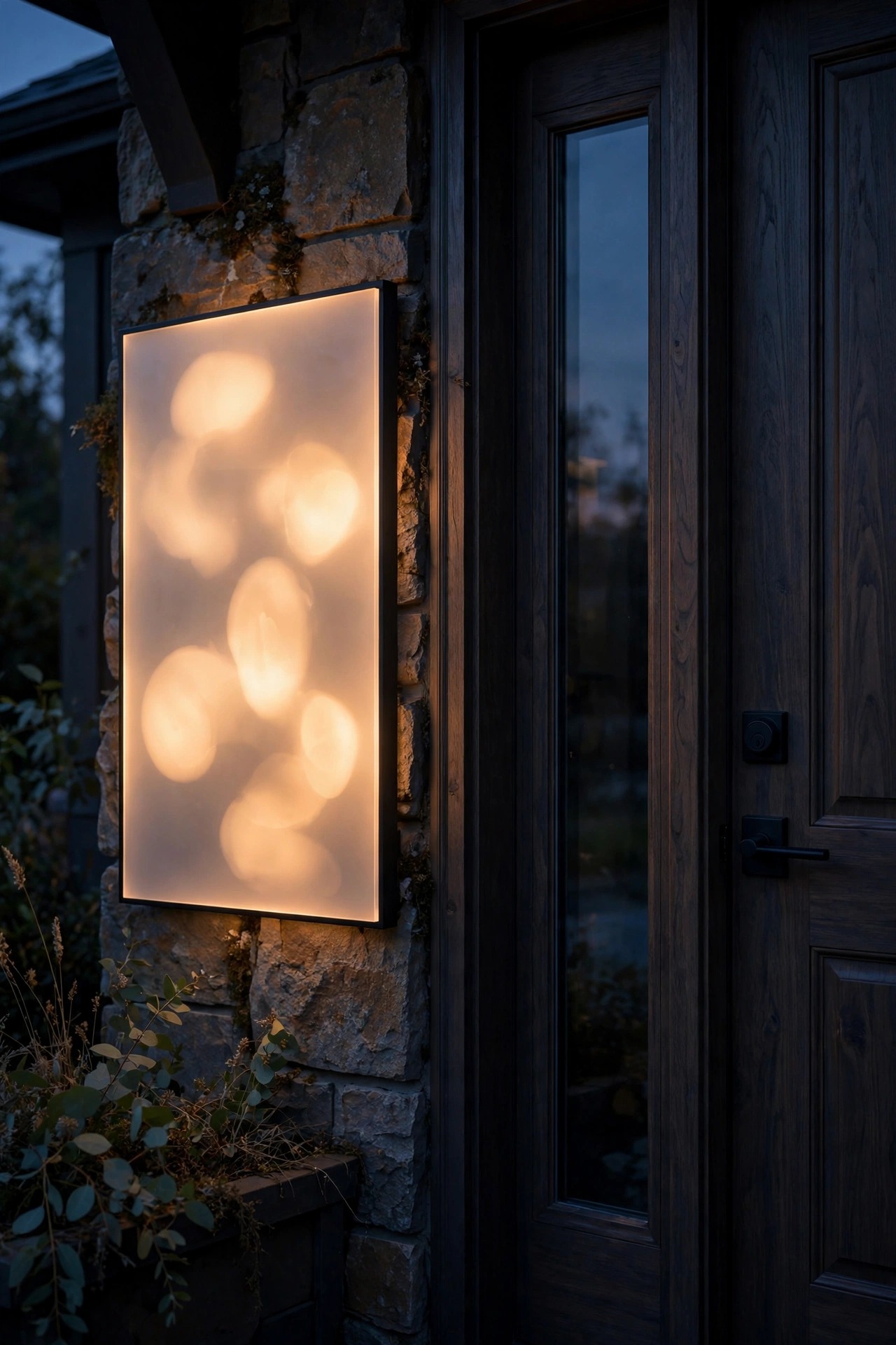 Lighted house number plaque glowing softly beside a front door at dusk, photorealistic