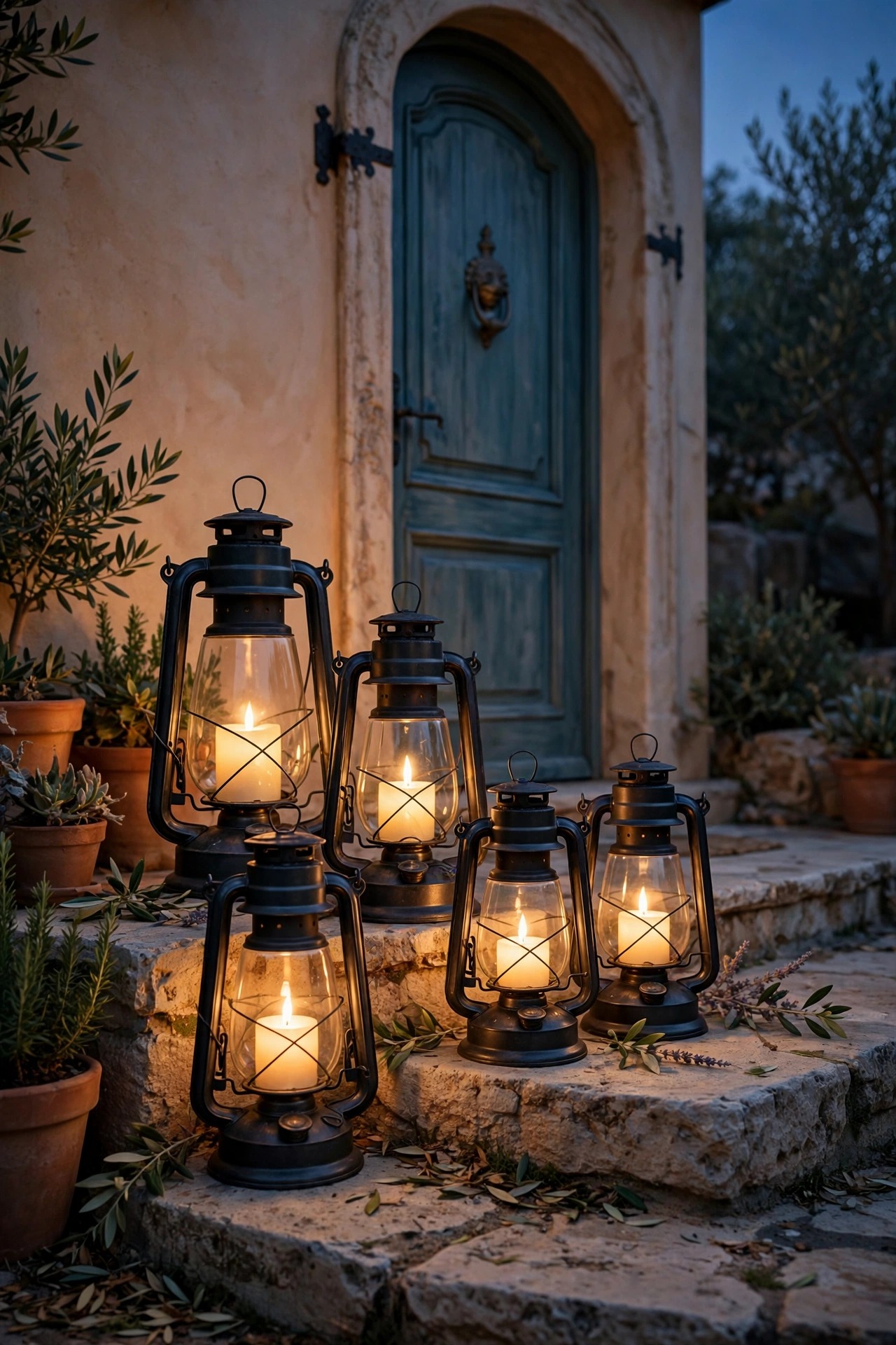 Cluster of rustic hurricane lanterns with flameless candles glowing on a front porch