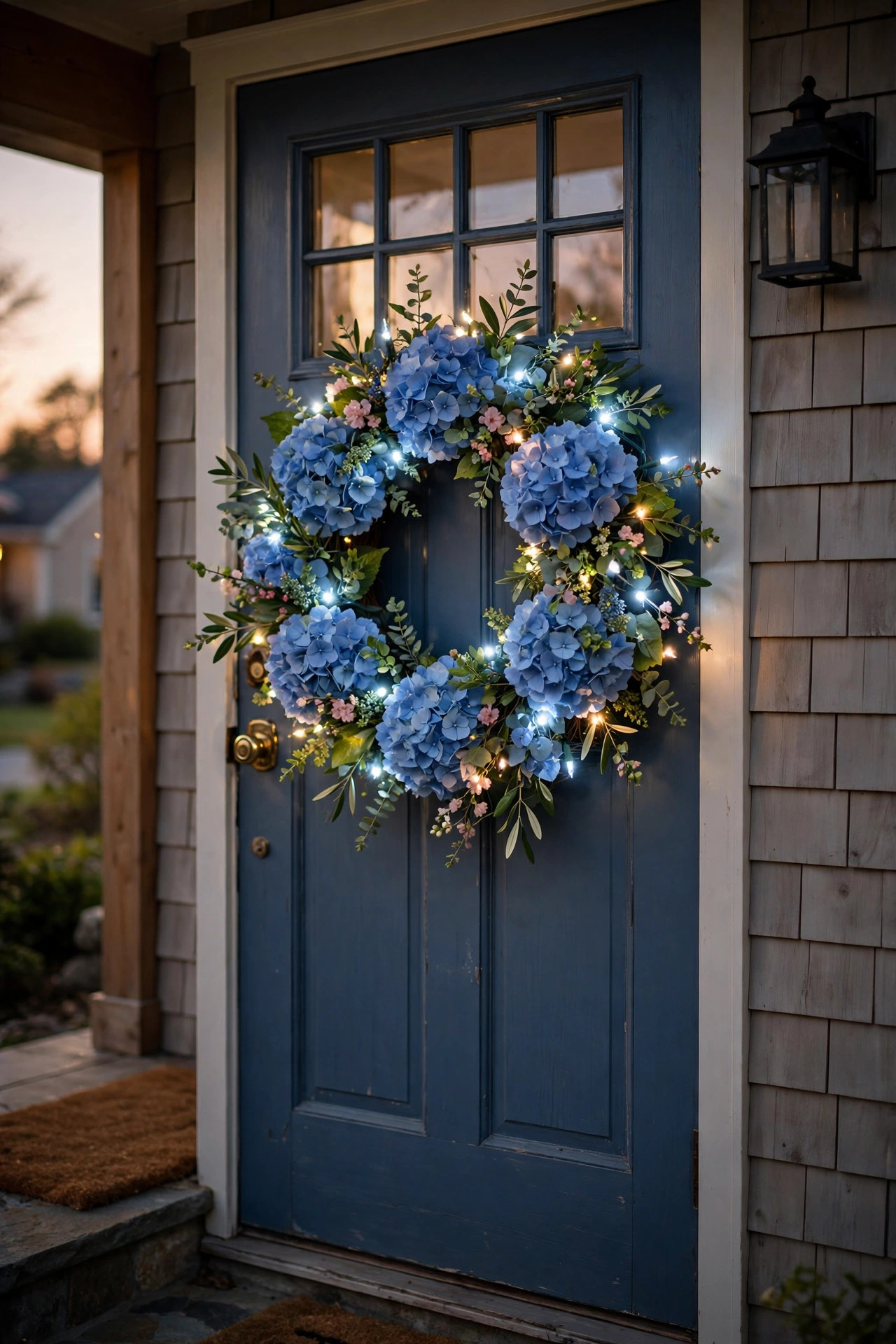 Blue hydrangea spring wreath with cool-white lights glowing crisply on a porch door