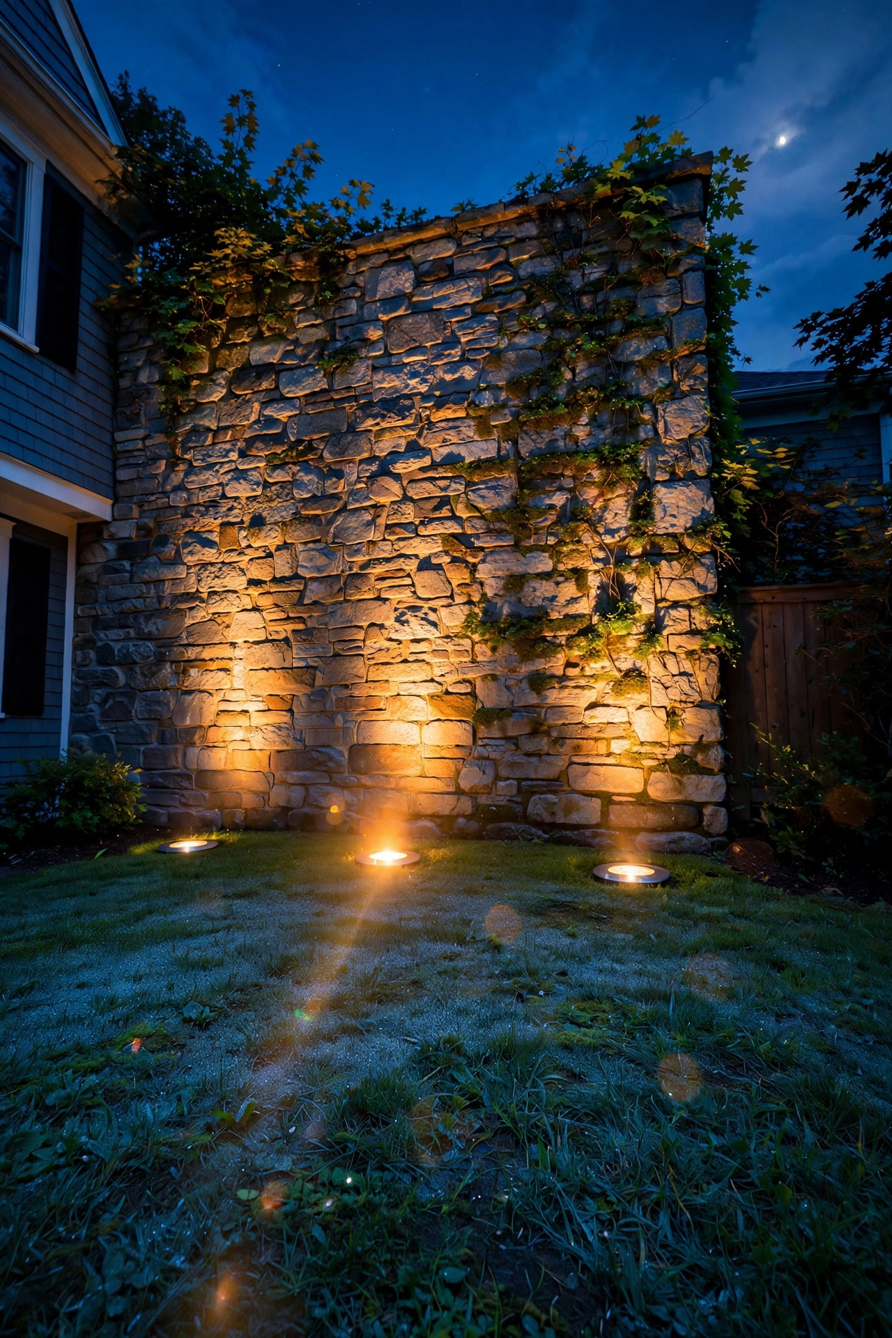 In-ground well lights washing a courtyard wall with warm light
