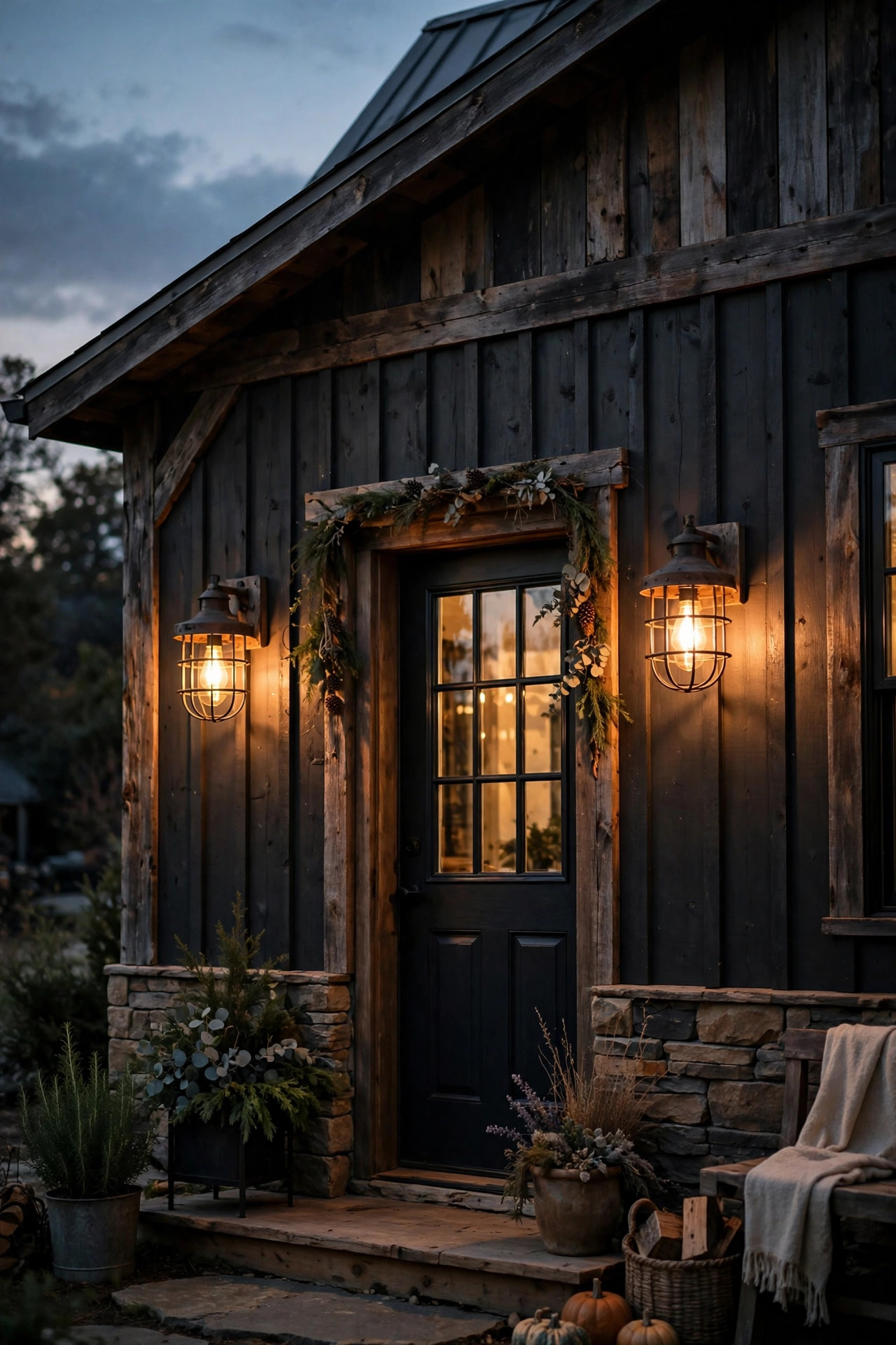Industrial cage outdoor wall lanterns with exposed Edison bulbs on a converted barn home at dusk