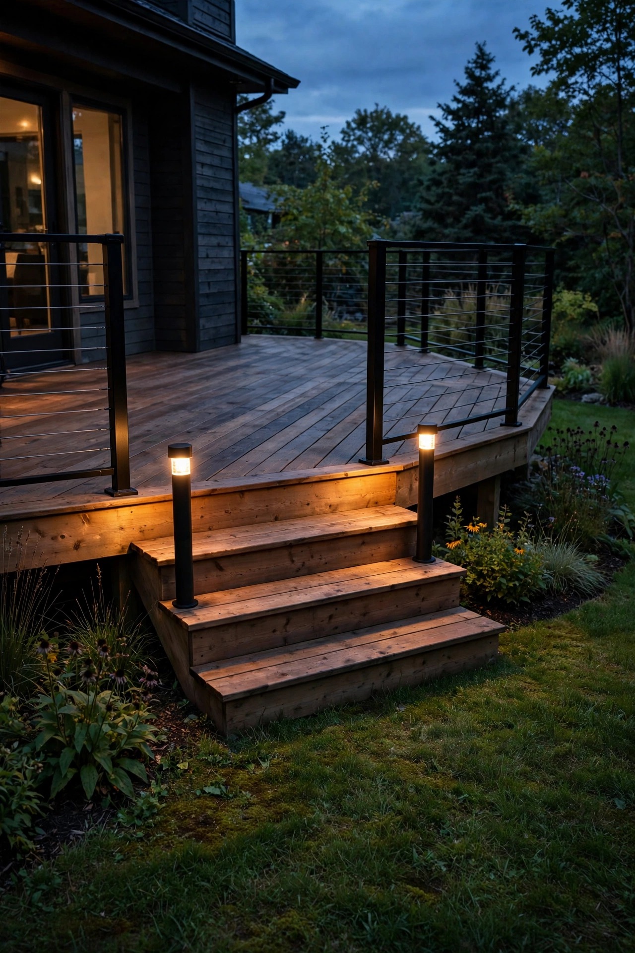 Short bollard lights flanking the steps where a wraparound deck meets the lawn at dusk
