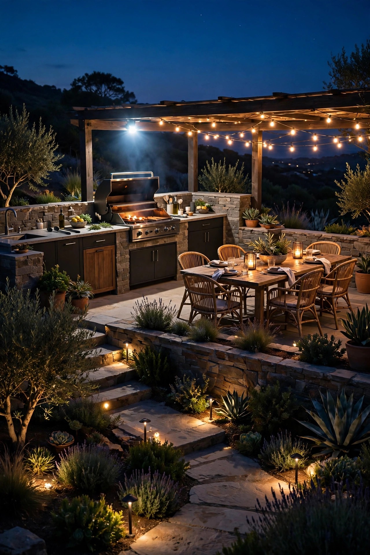 Wide view of a layered outdoor kitchen at night, bright task light at the grill, warm ambient glow over dining and low path lights guiding the way