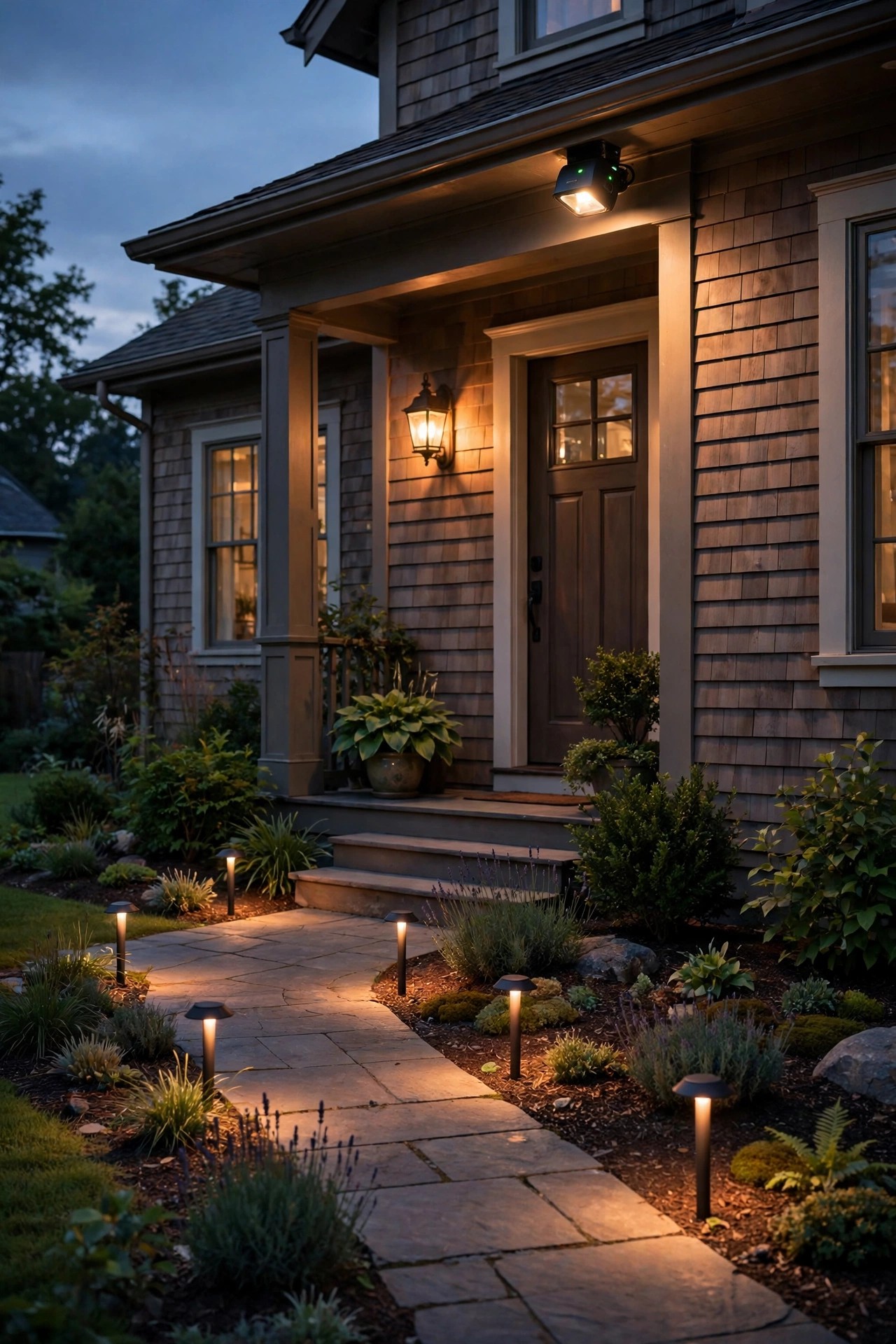 Front yard at dusk with soft always-on path lights and a warm porch sconce layered under a flood light camera's gentle glow