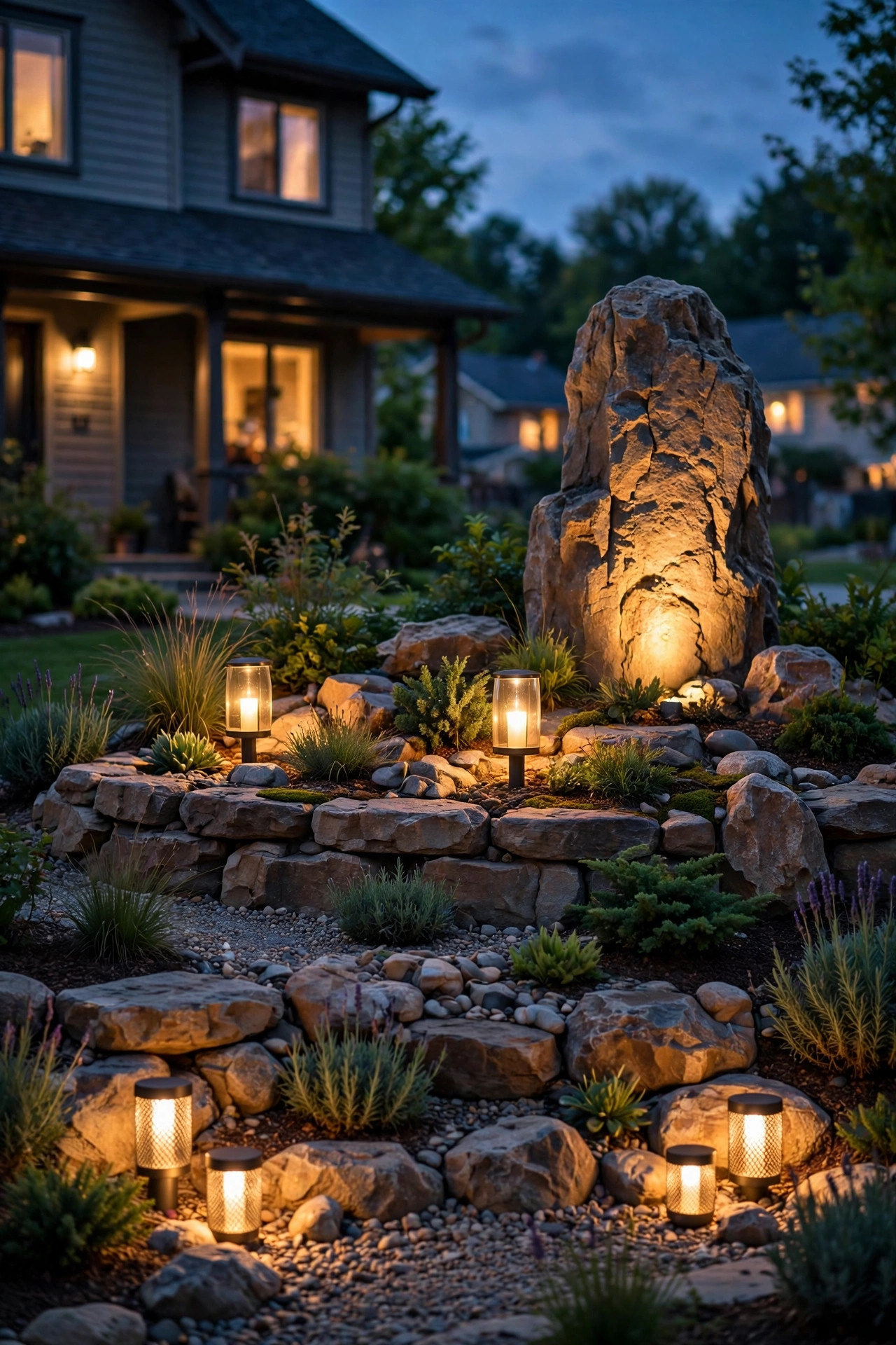 Layered front yard rock garden lighting at three heights with ground glow lanterns and a tall uplit boulder