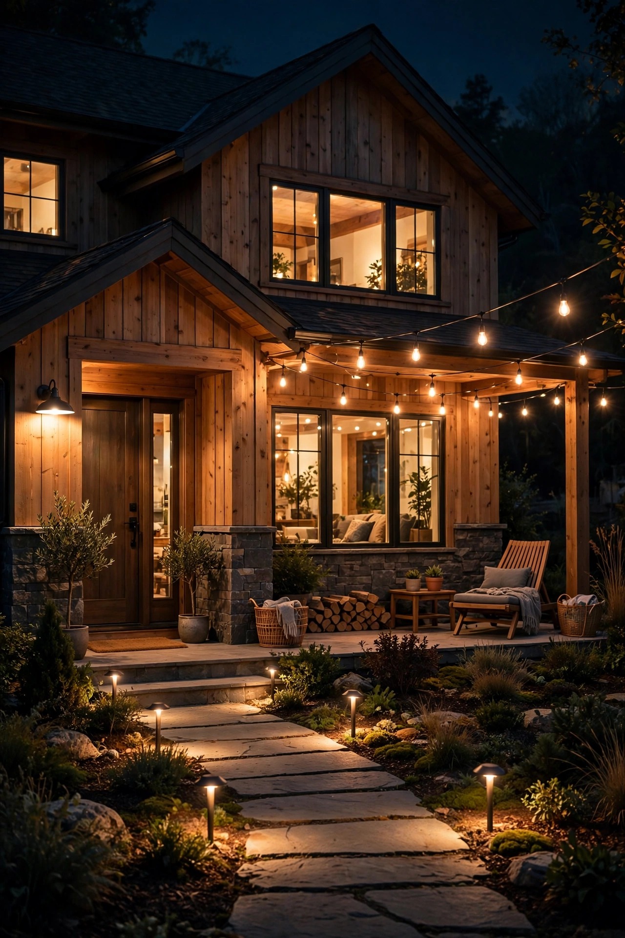 Layered indoor and outdoor warm lighting on a home at night, porch windows patio and path all glowing in harmony