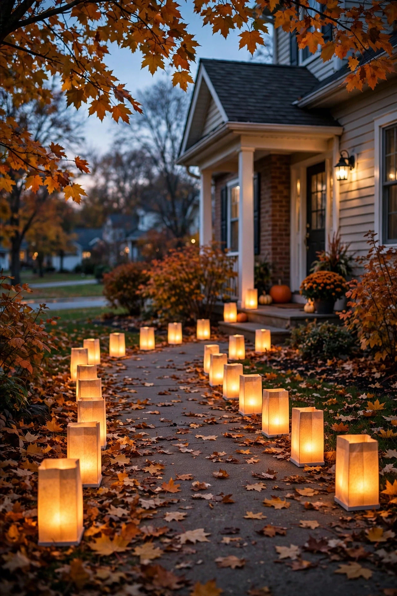 Glowing paper luminaria bags with LED candles lining a walkway on a fall evening