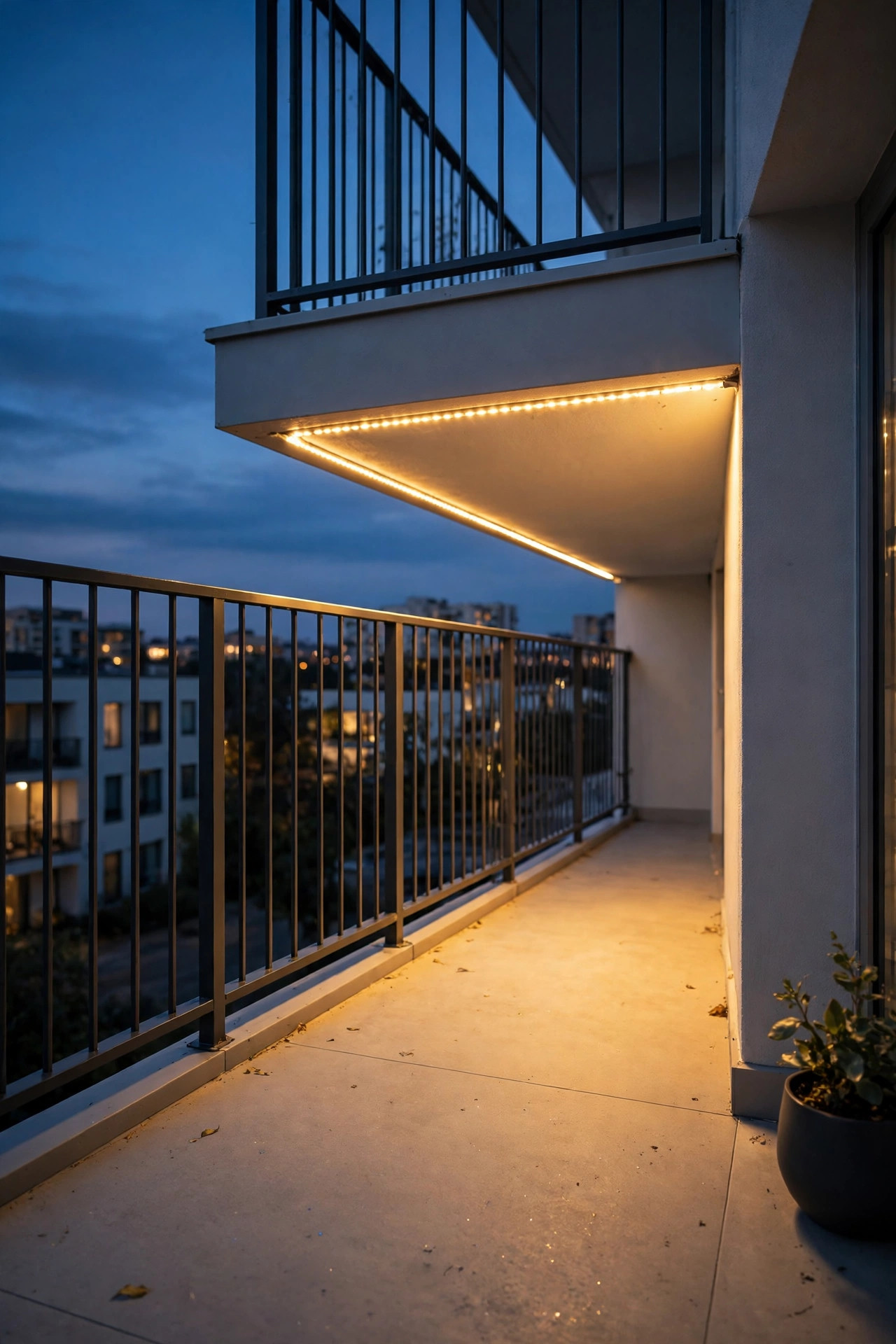 Waterproof LED strip light glowing under an apartment balcony railing at dusk, washing the floor with warm even light