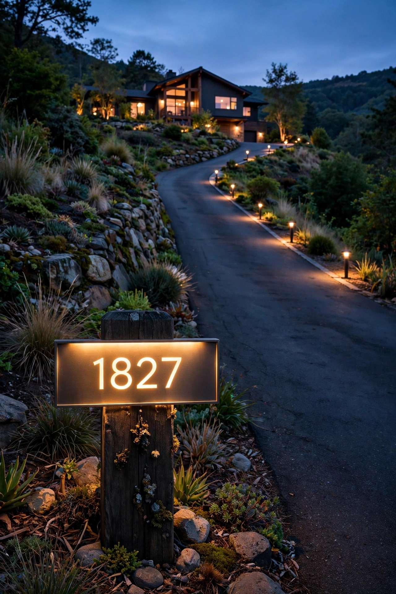 An illuminated address number plaque glowing on a post at the bottom of a steep driveway entrance at dusk
