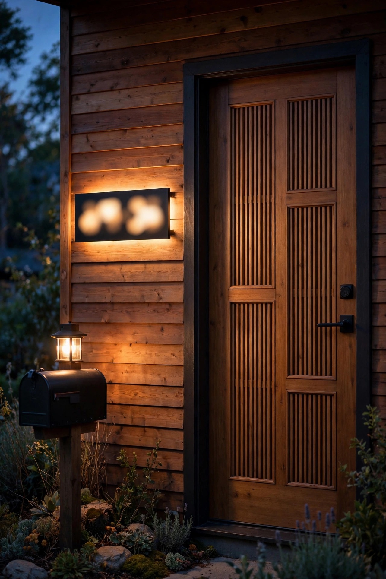 Backlit house numbers glowing warm beside a mid-century modern front door with a softly lit mailbox post at dusk