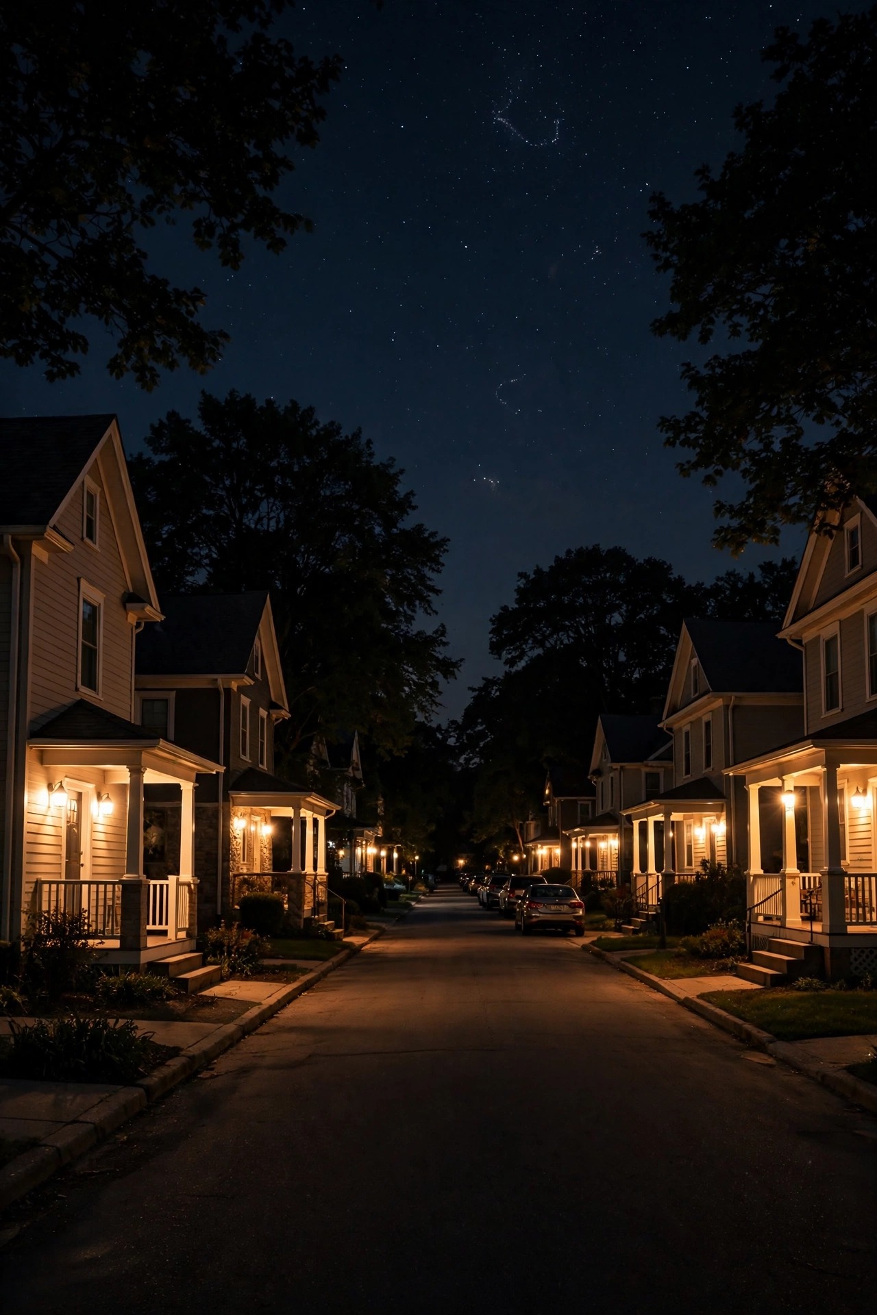 Calm residential street at night with uniformly shielded warm street-side porch lights, a dark-sky friendly neighborhood glow