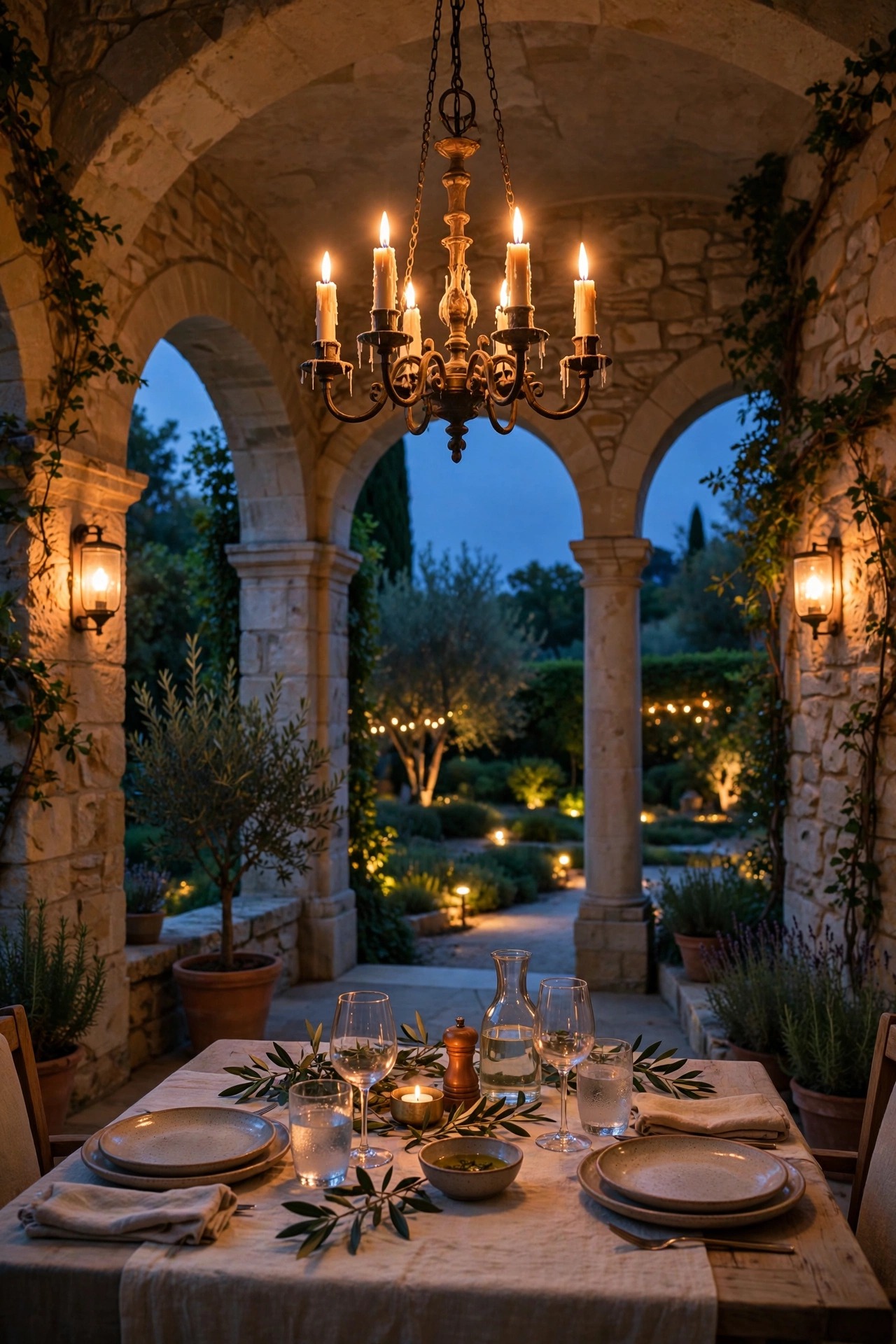 An elegant candle-style chandelier glowing over a dining table in a stone loggia terrace at dusk, with warm sconces and garden lighting beyond
