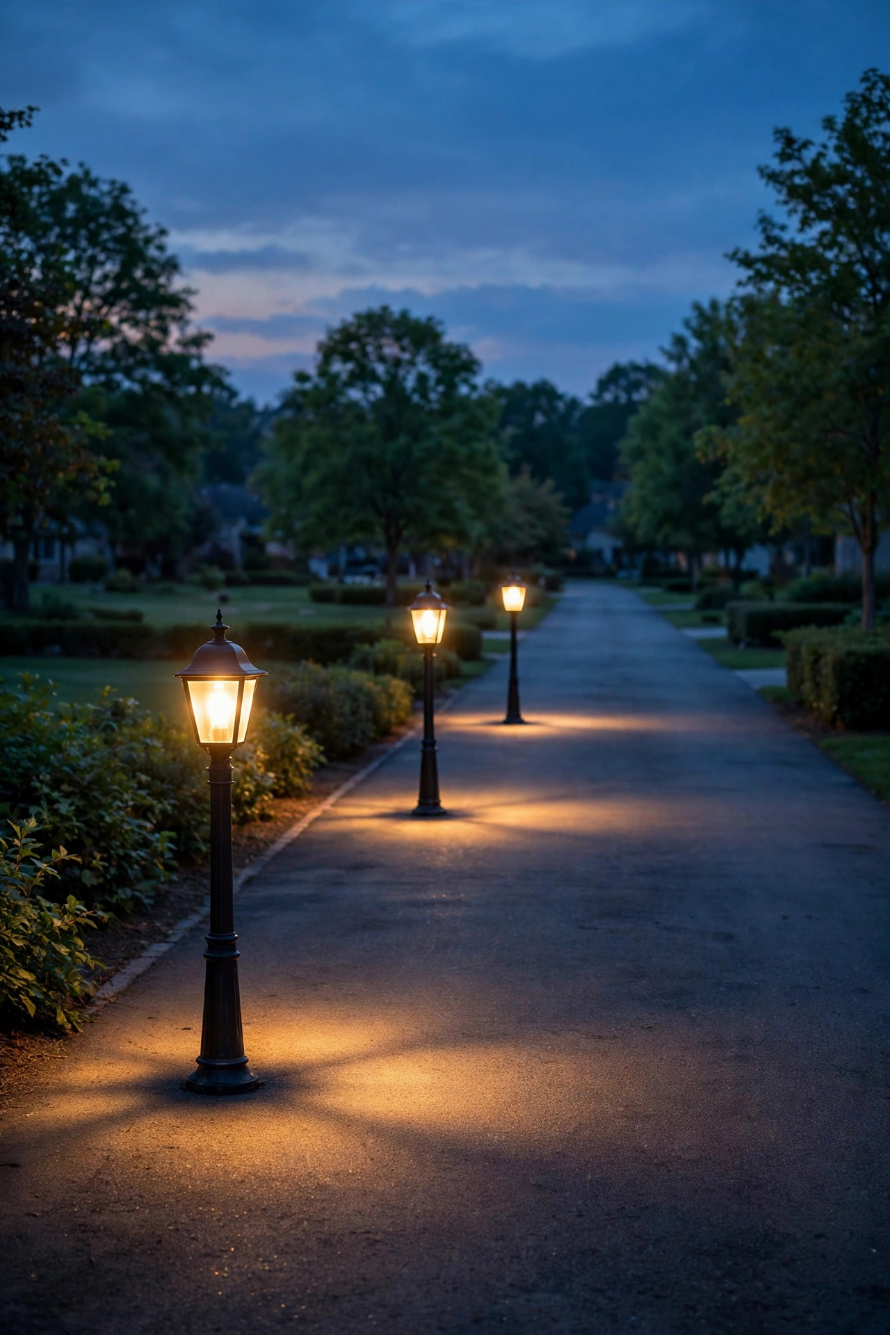Three lamp posts spaced along a long driveway at dusk, pools of warm light just touching