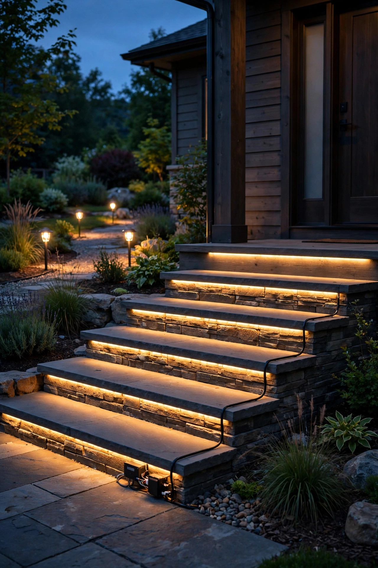 Front steps at dusk with low-voltage LED strip lights wired into the home's landscape lighting system, path lights glowing beyond