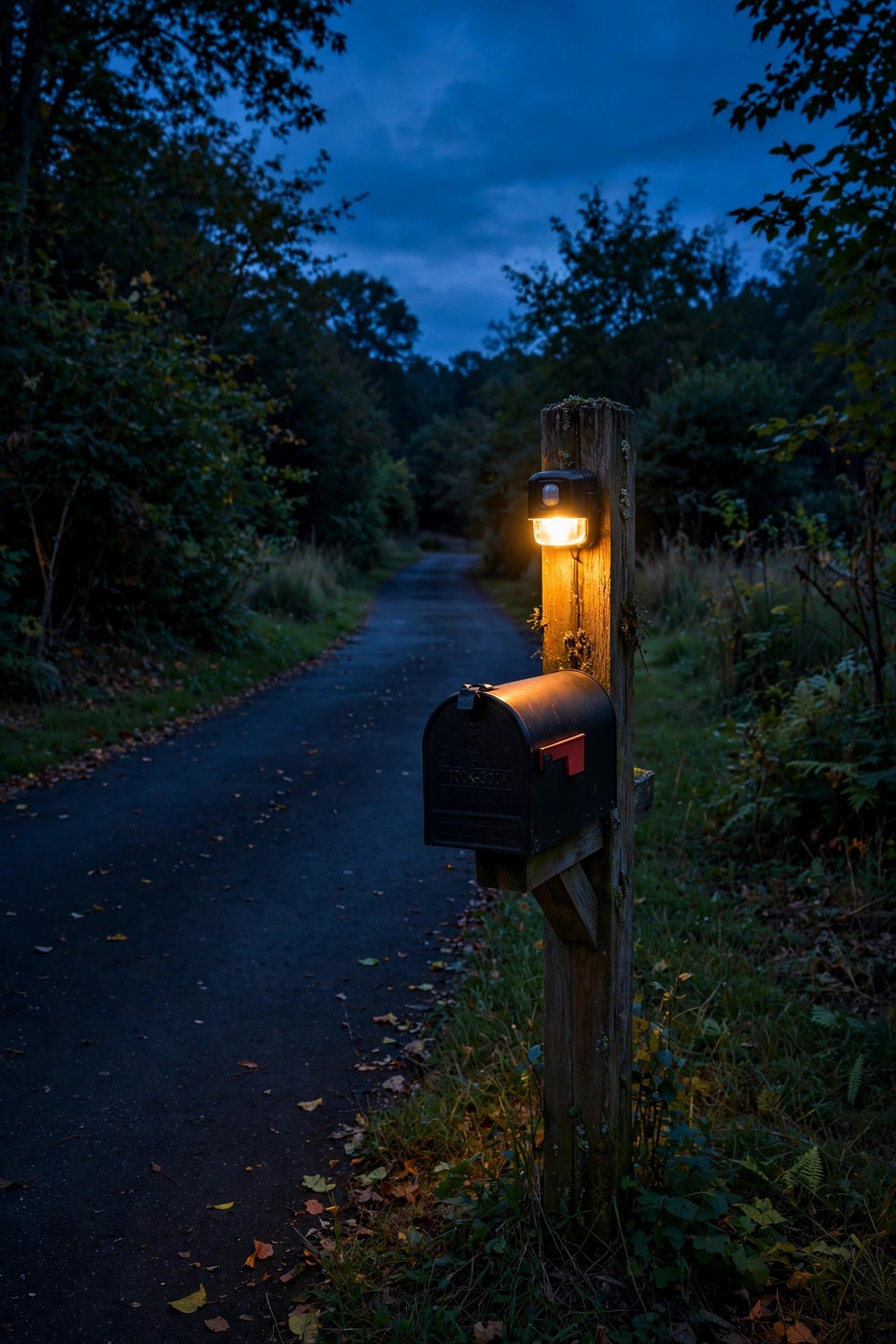 Small battery powered motion light glowing above a mailbox at the end of a dark driveway at dusk