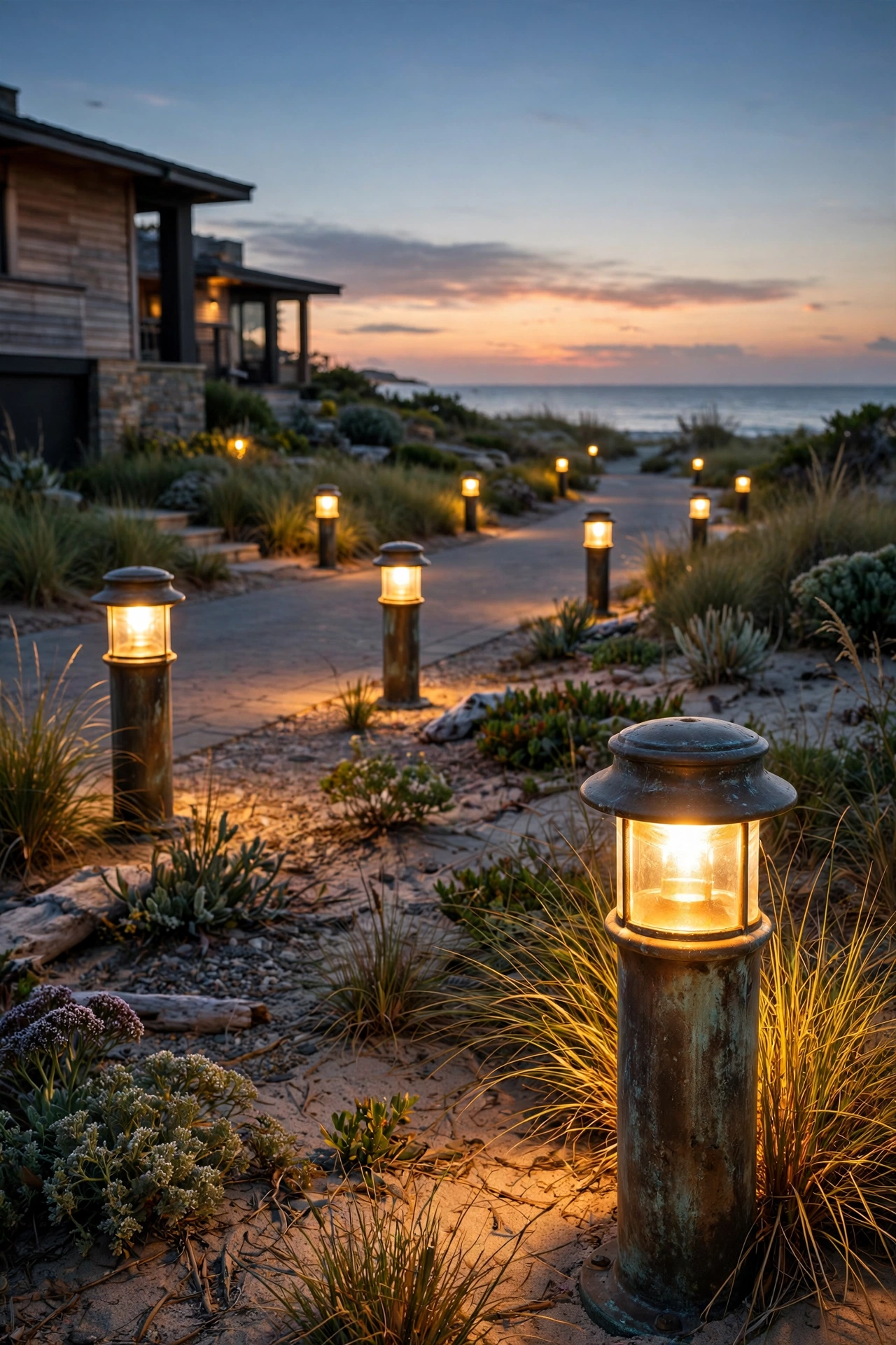 Marine-grade driveway bollard lights glowing along a coastal home driveway at dusk